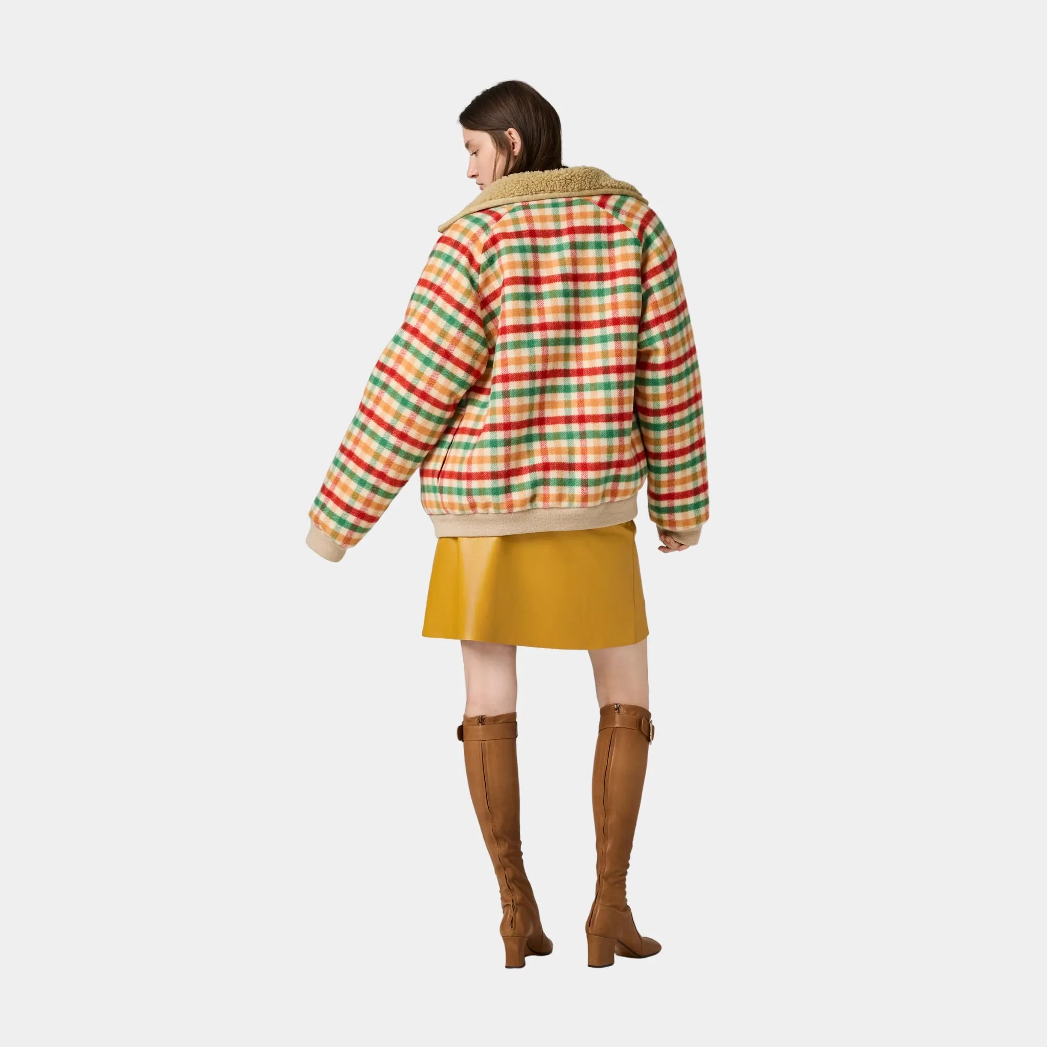 Miu Miu Fleece-lined Checked Wool Pattern Blouson Jacket, Red, Green, Soy Green, Model, Back