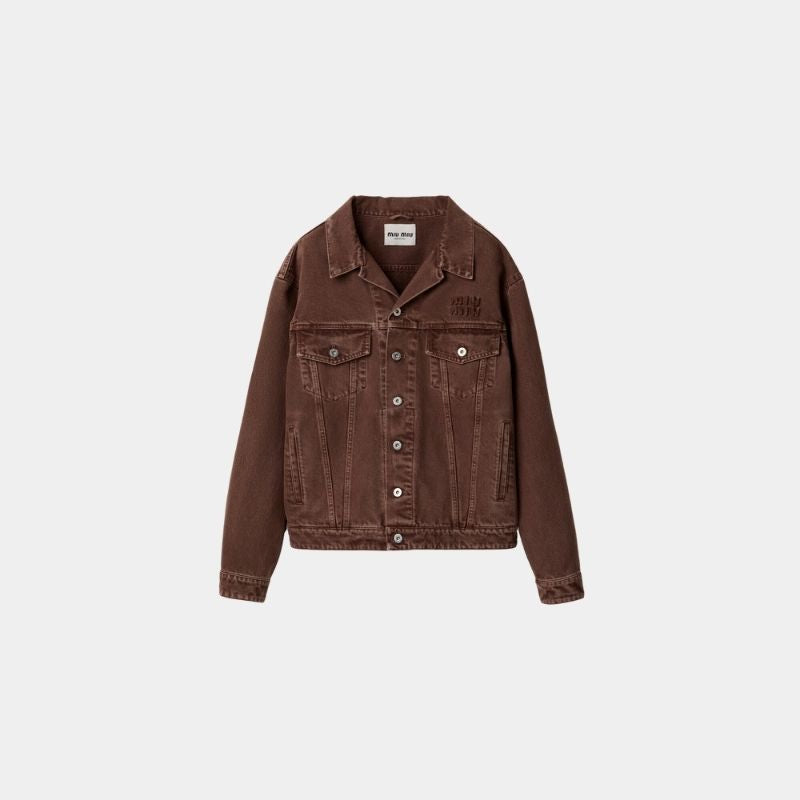 Miu Miu Garment Dyed Denim Blouson, Brown, Front View