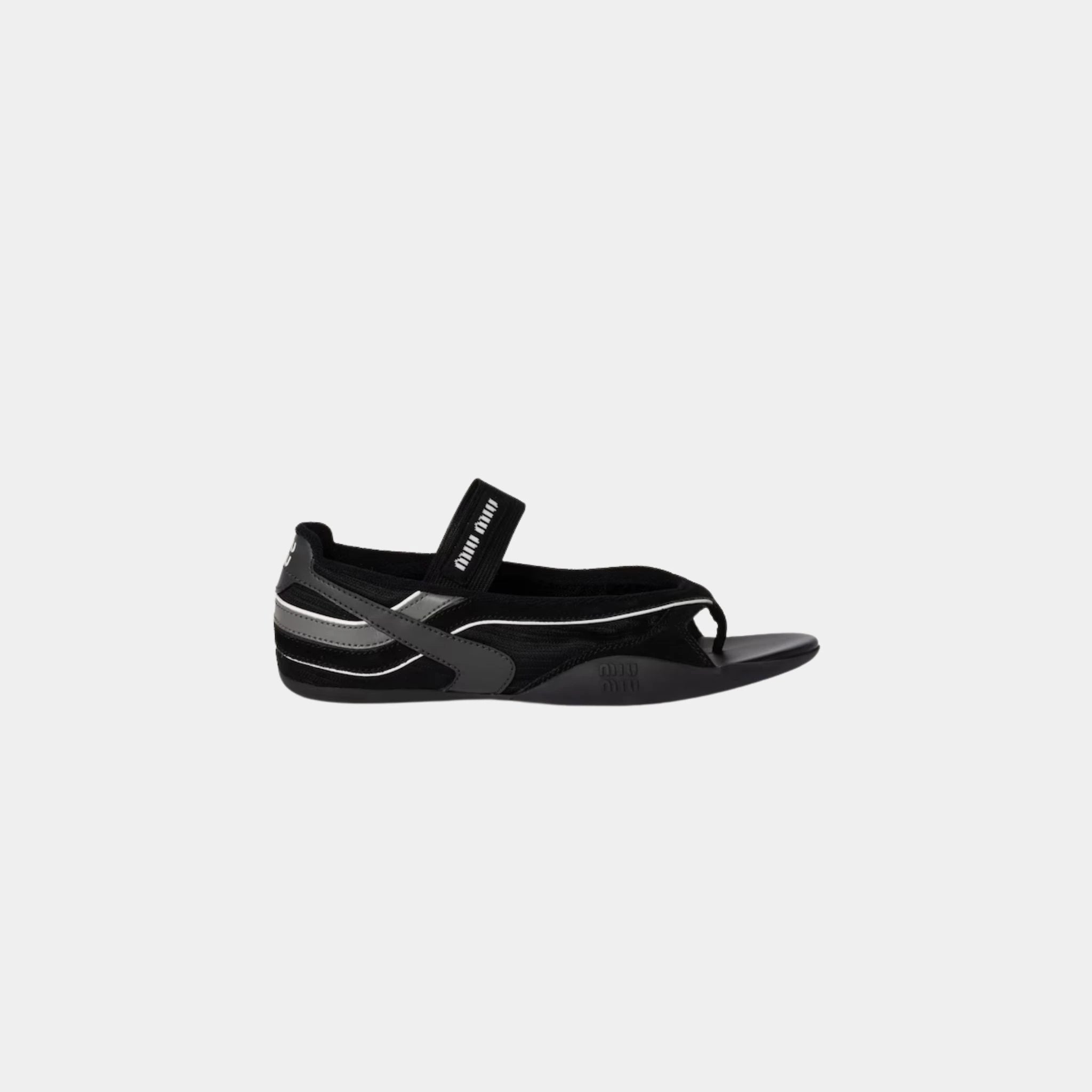 Miu Miu Gymnasium Technical Fabric Thong Ballerinas, Black, Side