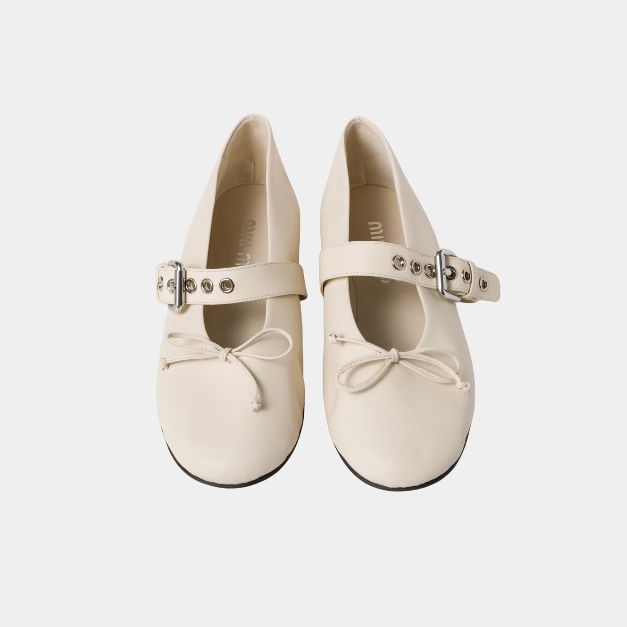 Miu Miu Leather Ballerinas, Ivory, Top