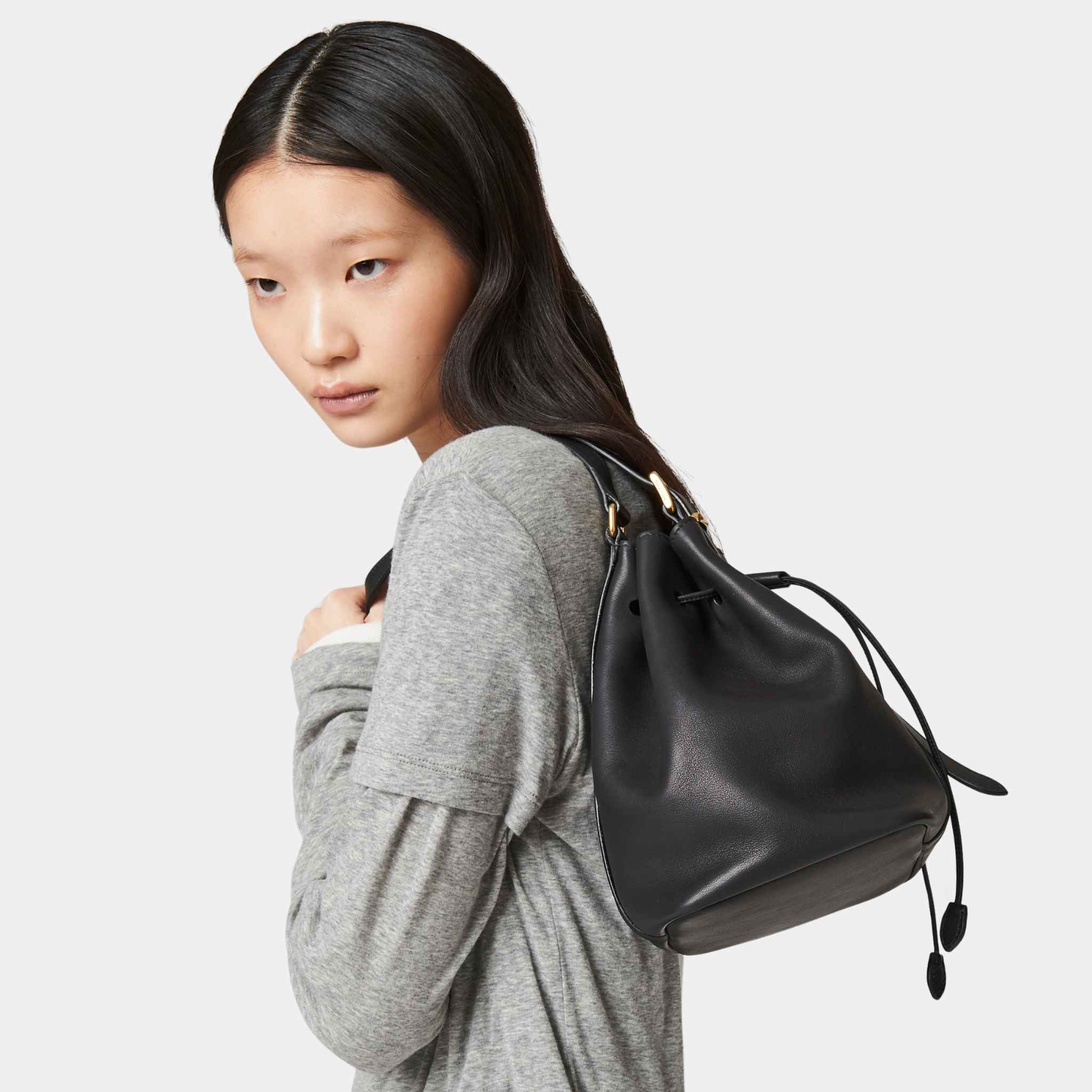 Miu Miu Leather Bucket Bag, Black, Model View