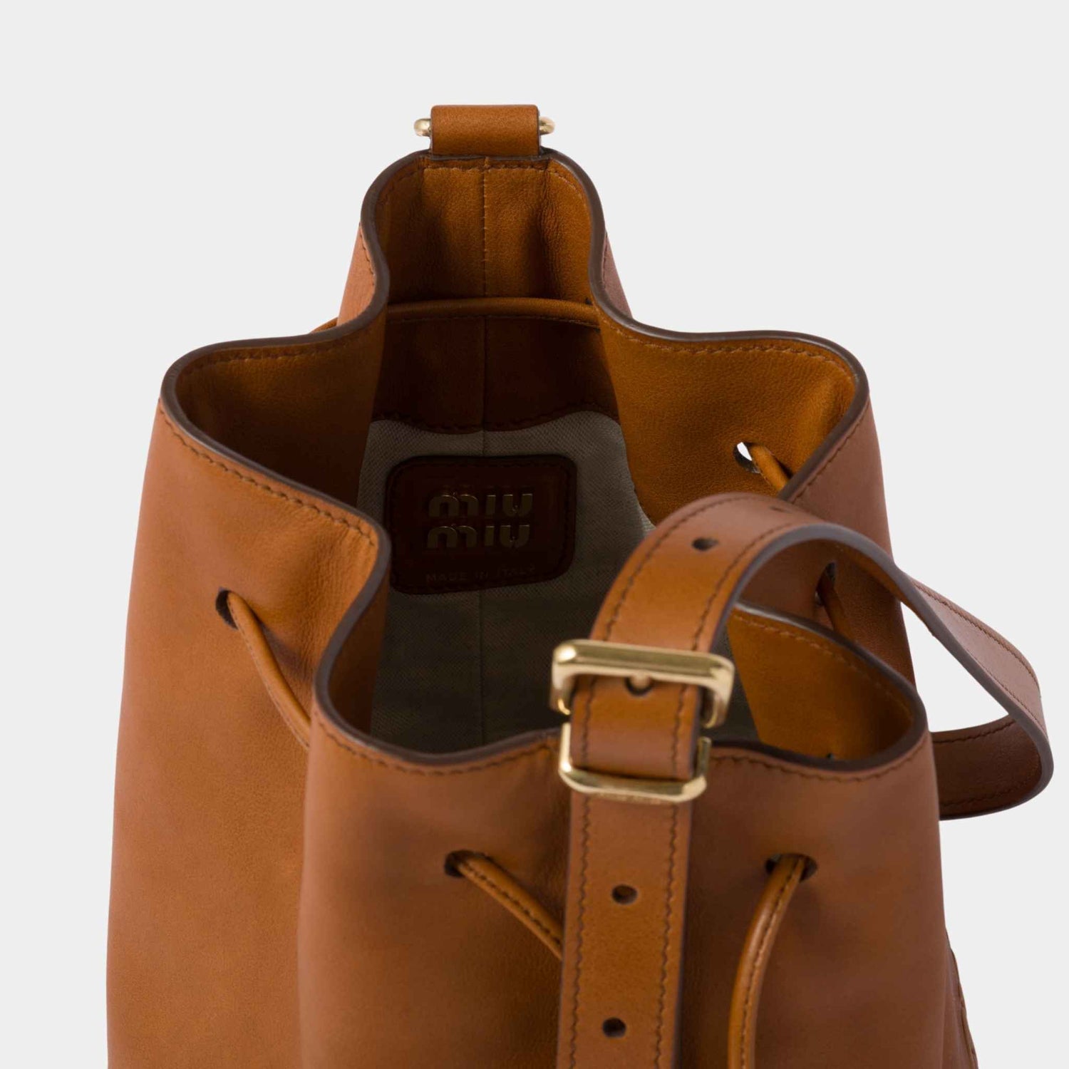 Miu Miu Leather Bucket Bag, Cognac, Interior View