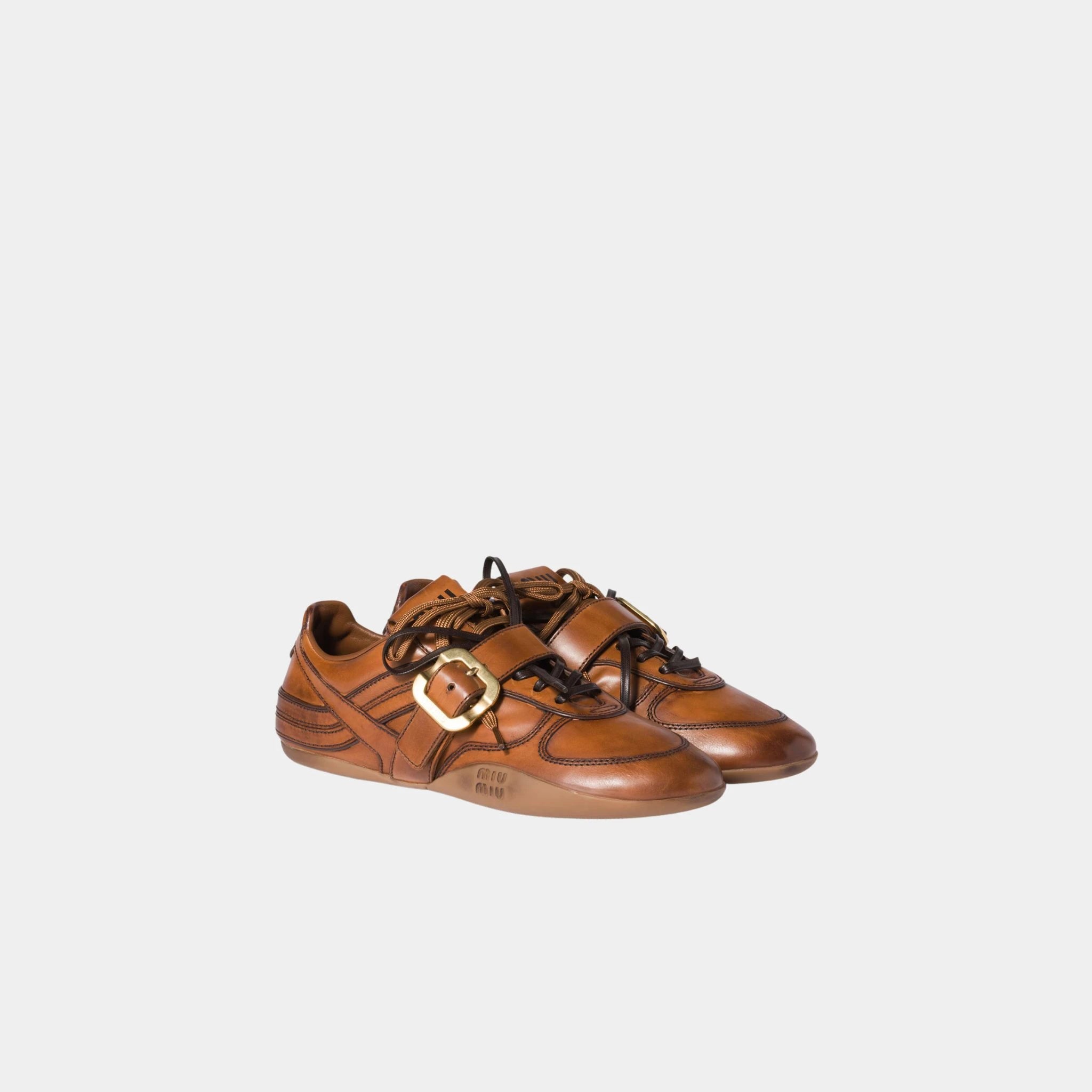 Miu Miu Leather Sneakers with Buckle, Cognac, Front