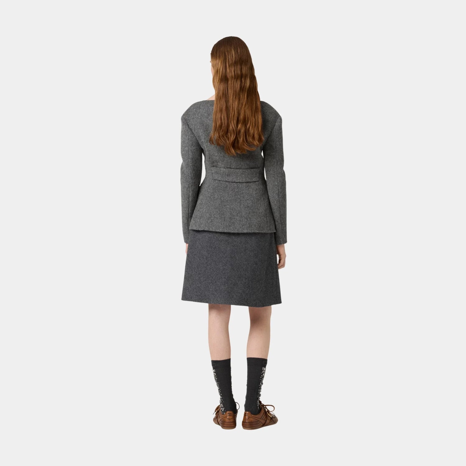 Miu Miu Light Shetland Wool Jacket, Slate Gray, Model, Back
