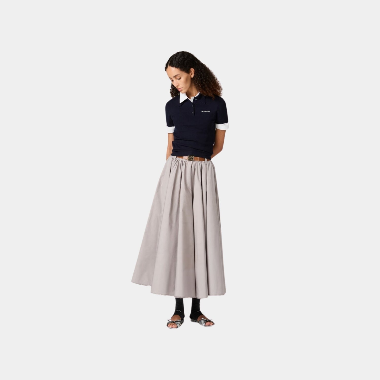 Miu Miu Long Poplin Skirt, Granite, Model