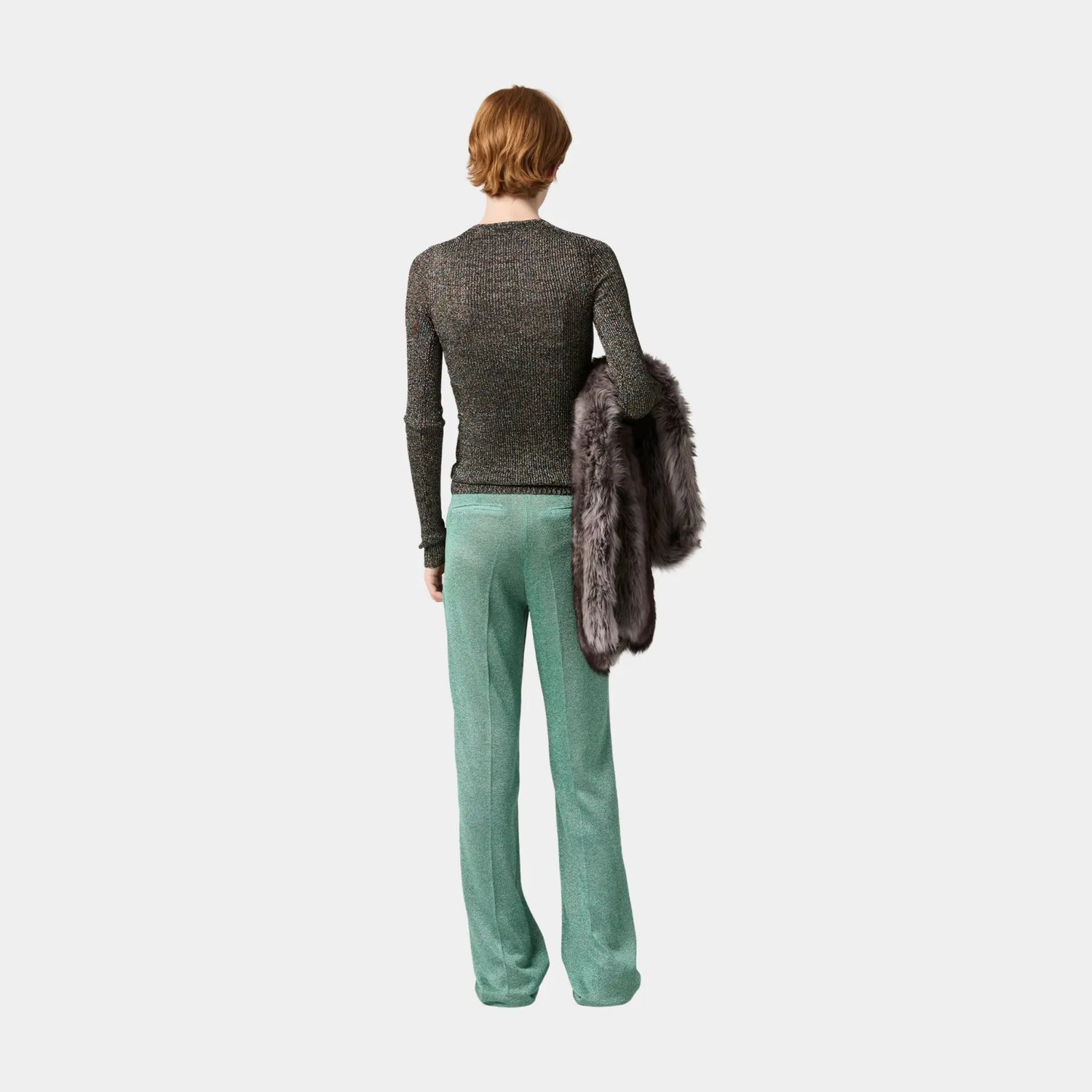 Miu Miu Lurex Straight Fit Pants, Lawn Green, Model, Back