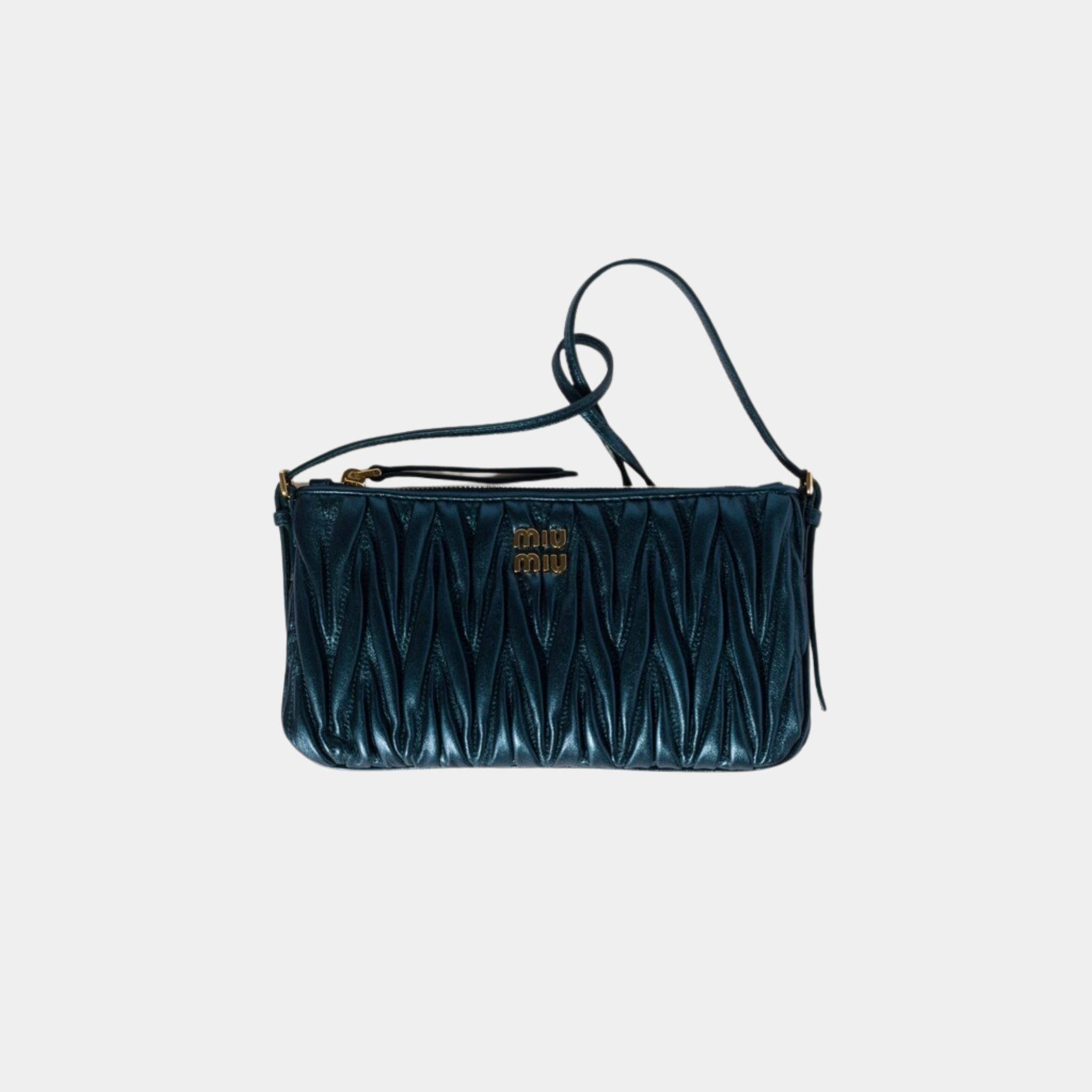 Miu Miu Matelasse Nappa Leather Mini Pouch, Ocean Blue, Mordore, Front