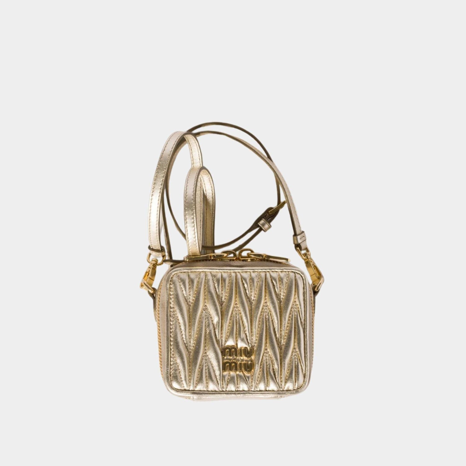 Miu Miu Matelasse Nappa Leather Mini Square Pouch, Pyrite, Front