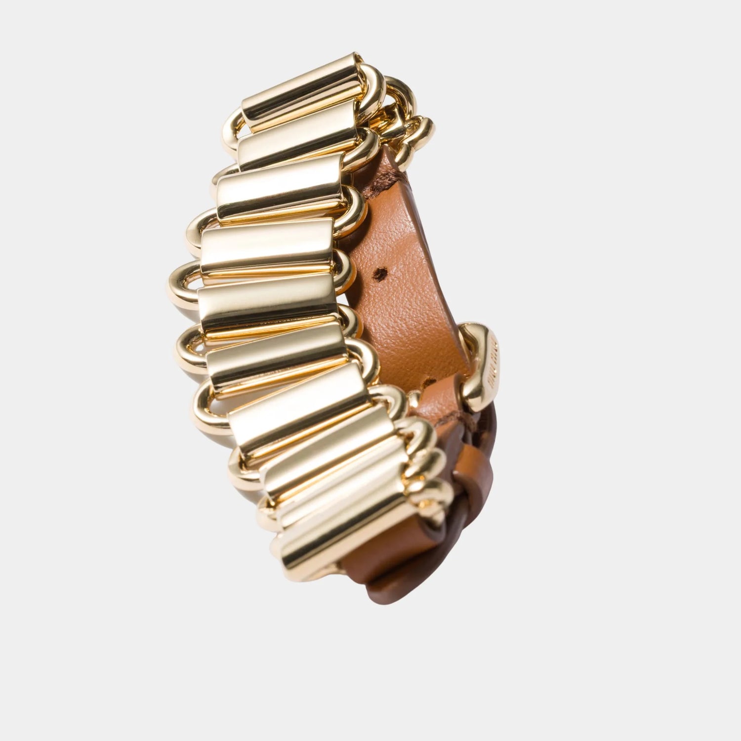 Miu Miu Metal and Leather Bracelet, Gold, Cognac, Close