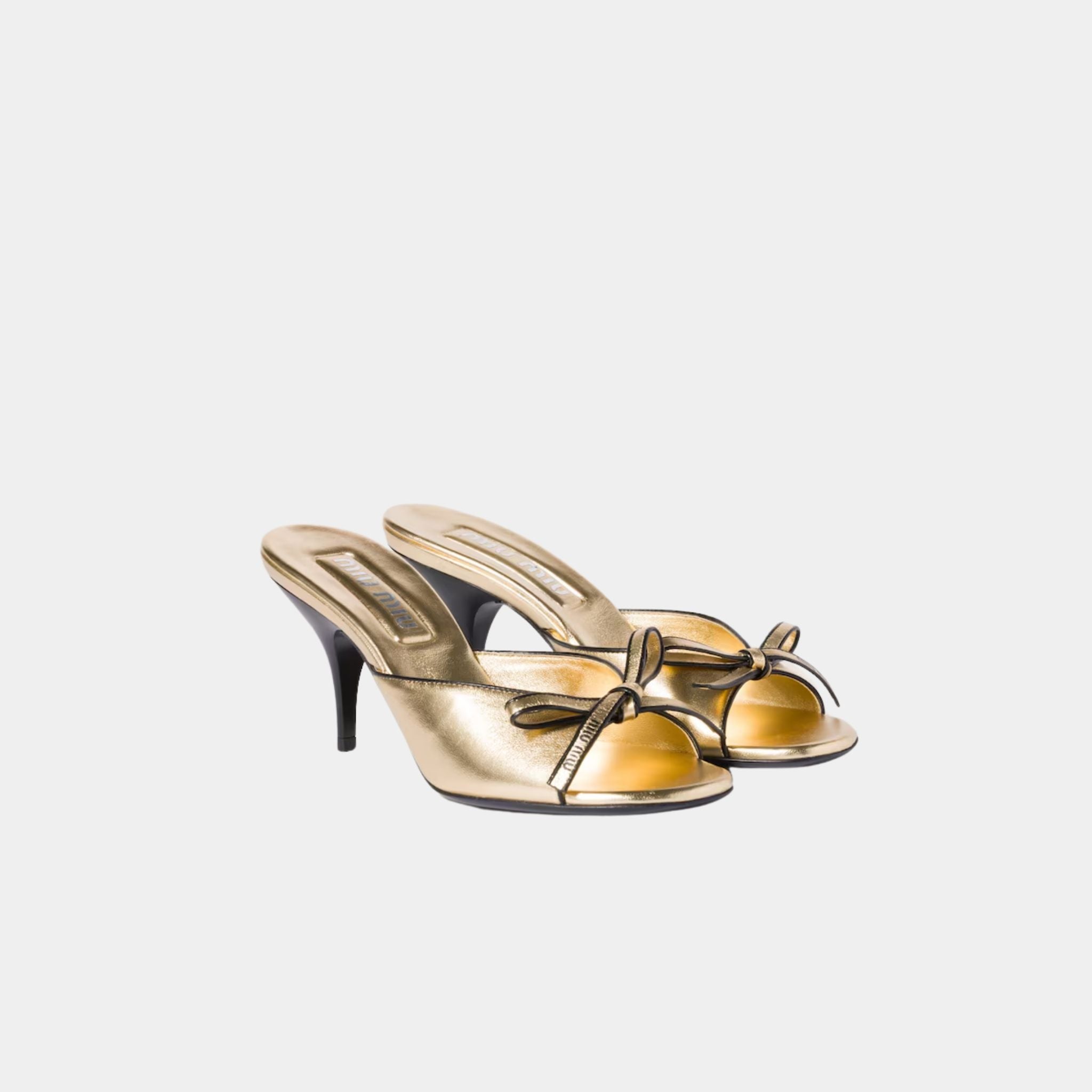 Miu Miu Mordoré Nappa Leather Heeled Sandals with Bow, Gold, Front