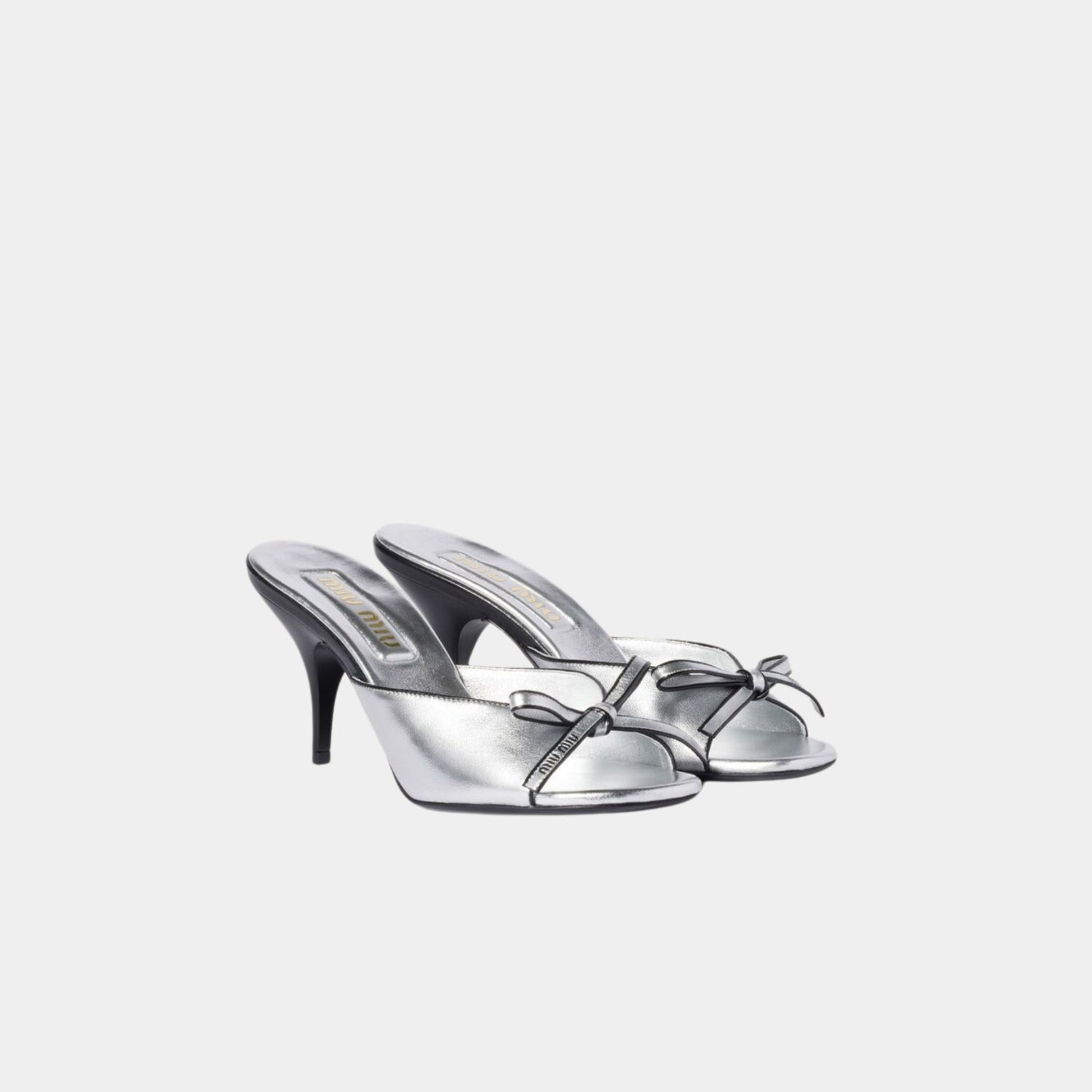 Miu Miu Mordoré Nappa Leather Heeled Sandals with Bow, Silver, Front