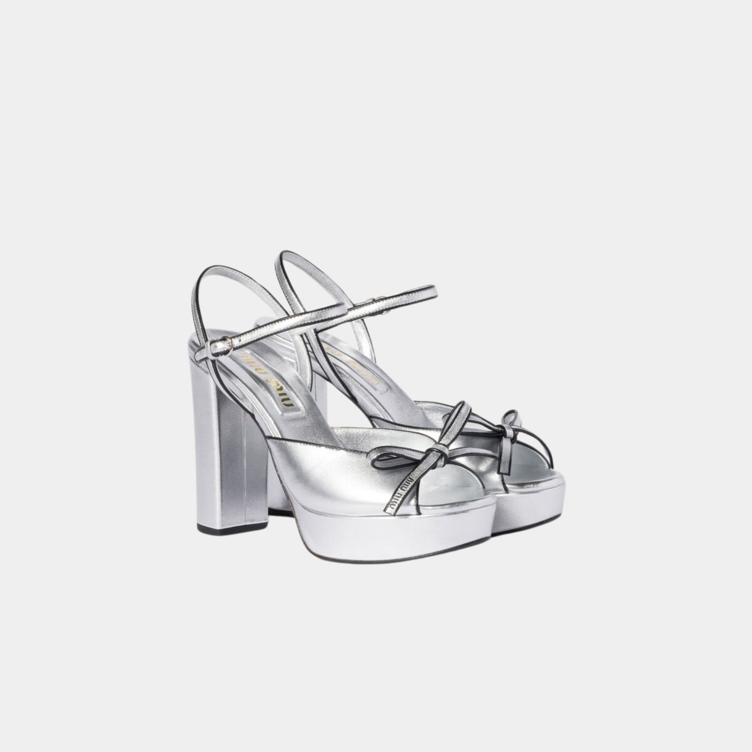 Miu Miu Mordoré Nappa Leather Platform Sandals, Silver, Front