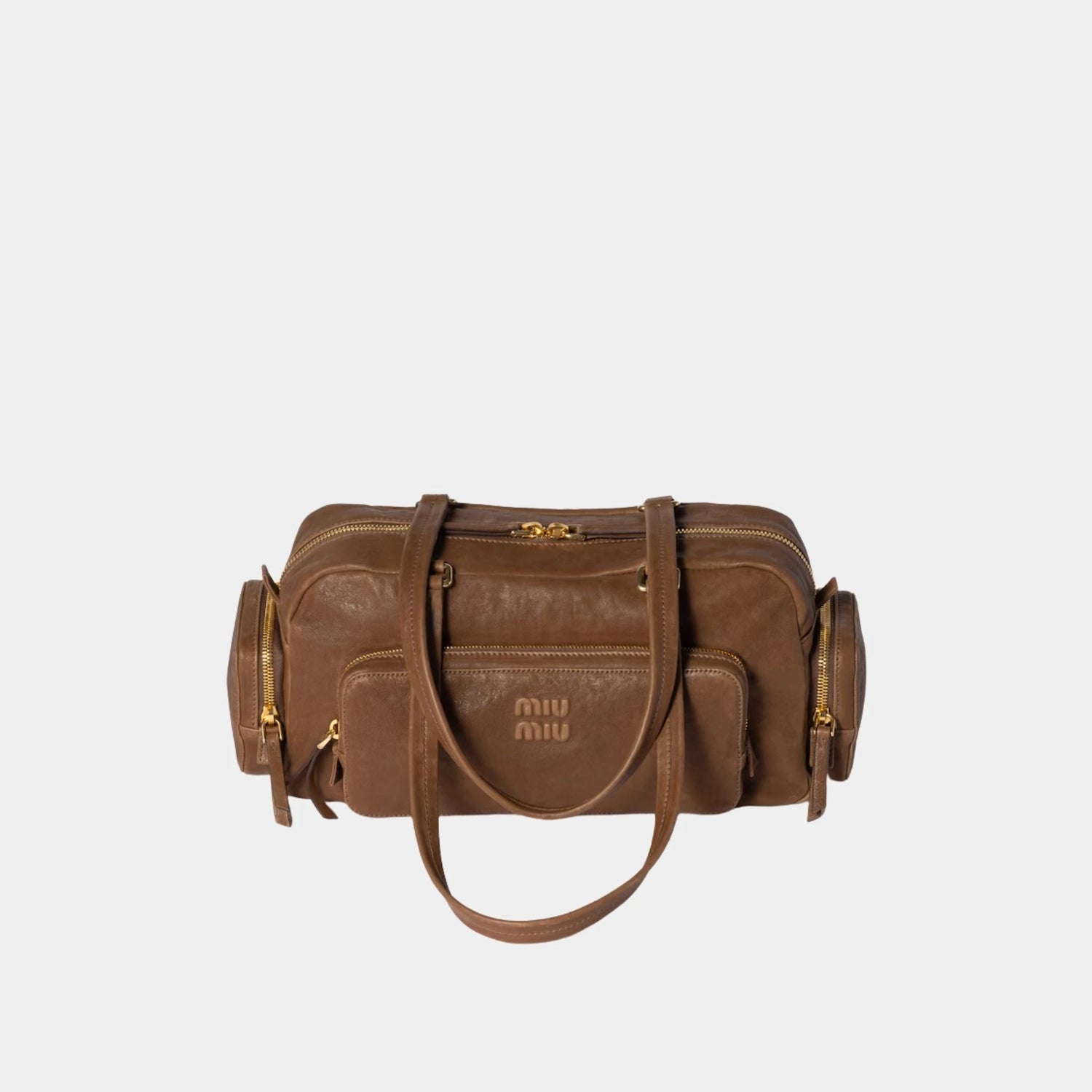 Miu Miu Pocket Bag in Washed Nappa Leather, Oak, Front