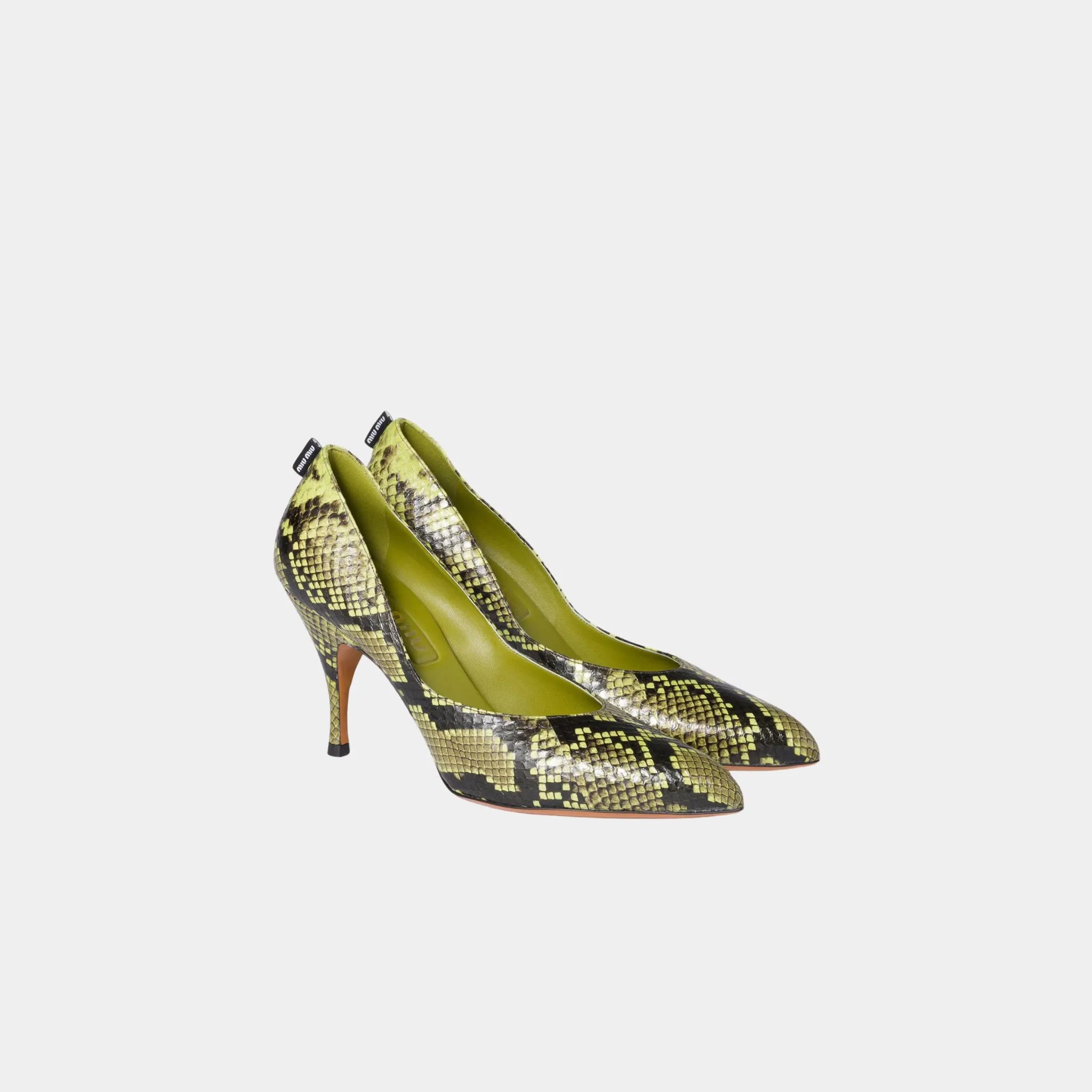 Miu Miu Python-print Ayers Leather Pumps, Fern Green, Front