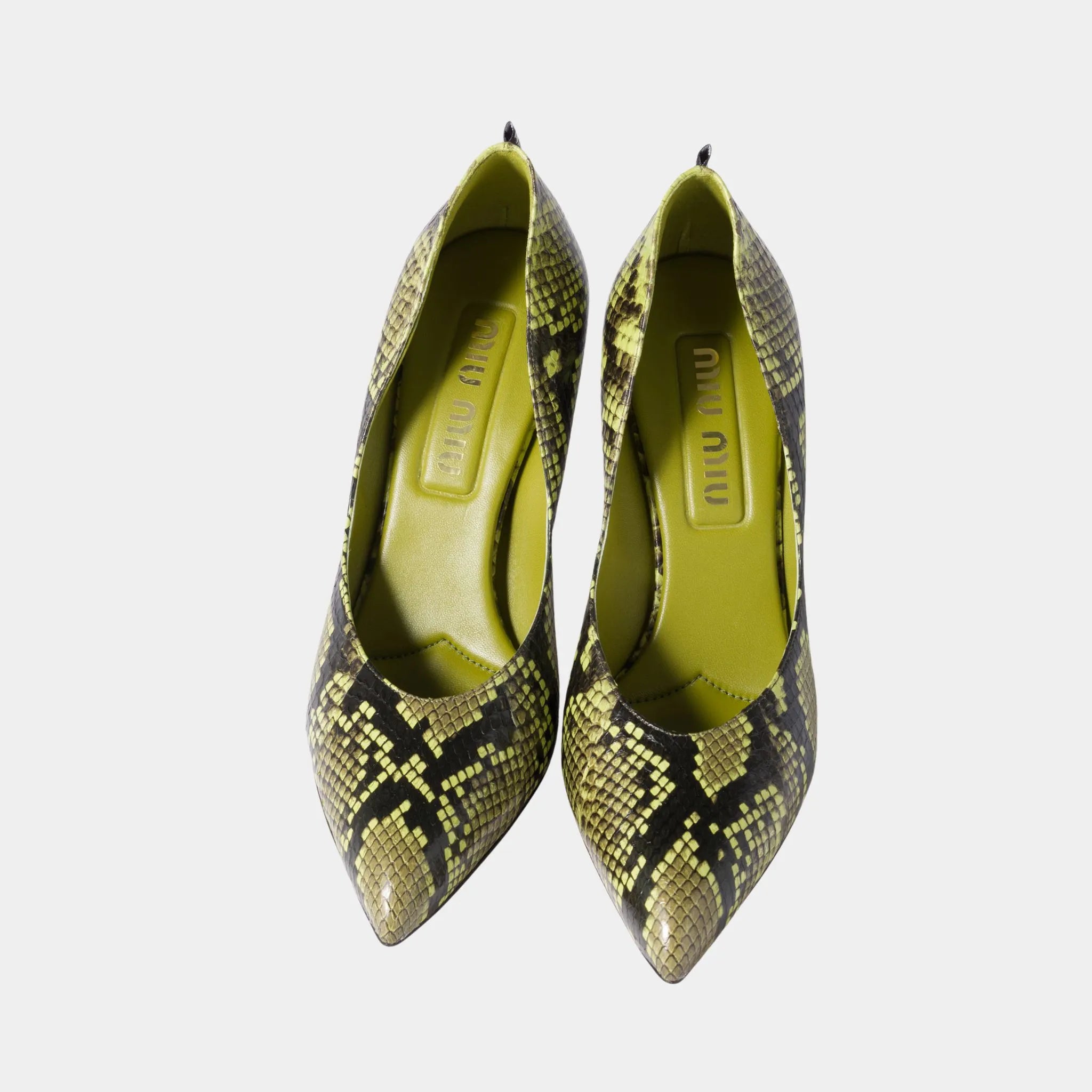 Miu Miu Python-print Ayers Leather Pumps, Fern Green, Top