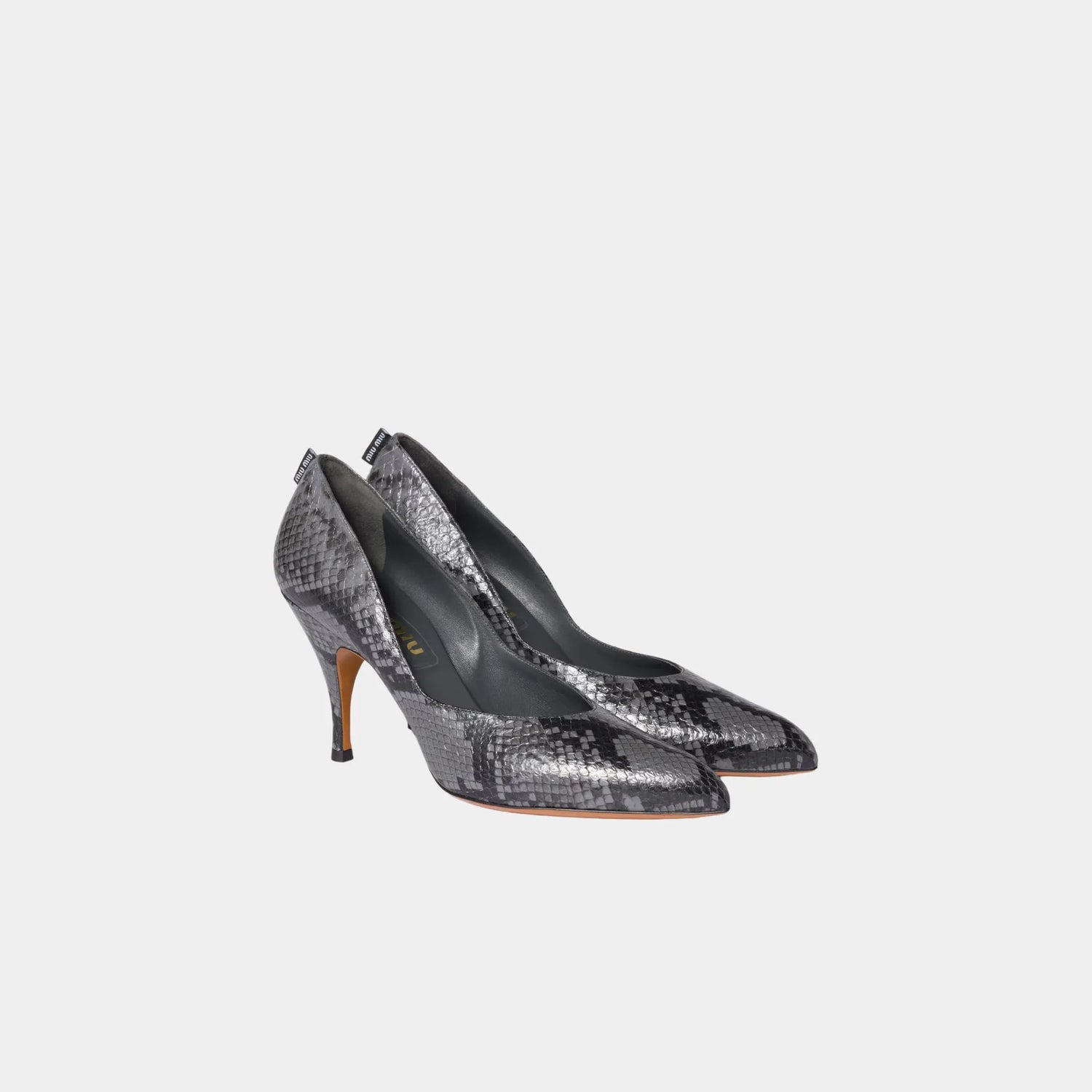 Miu Miu Python-print Ayers Leather Pumps, Slate Gray, Front