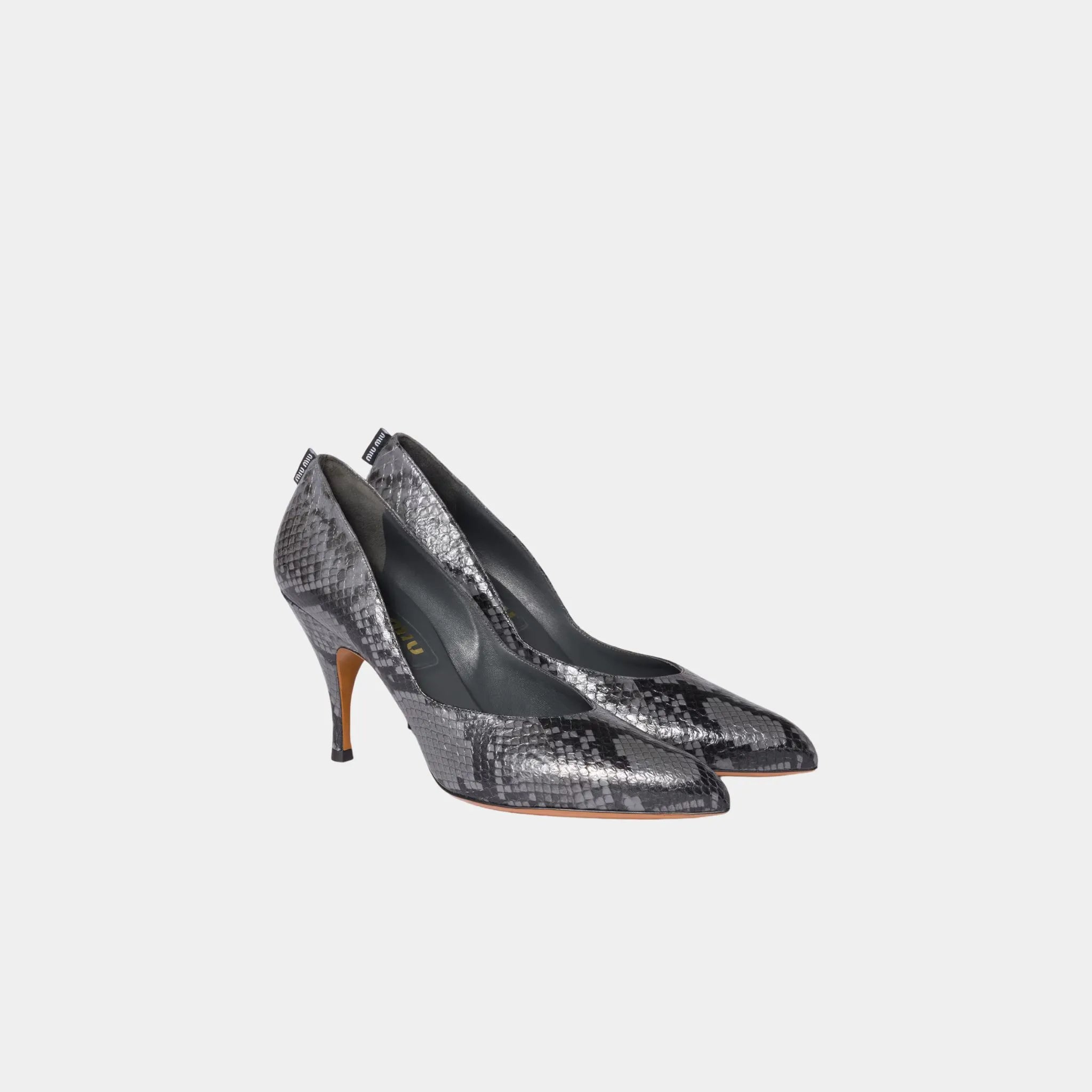 Miu Miu Python-print Ayers Leather Pumps, Slate Gray, Front