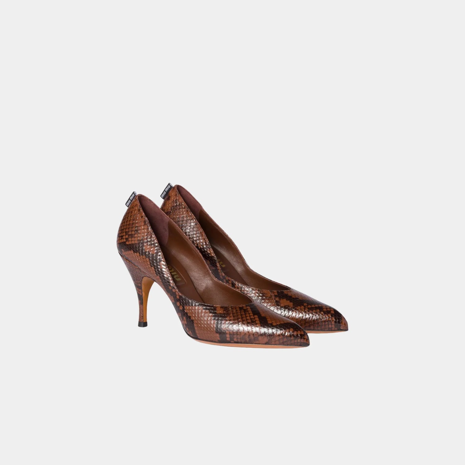 Miu Miu Python-print Ayers Leather Pumps, Tobacco, Front