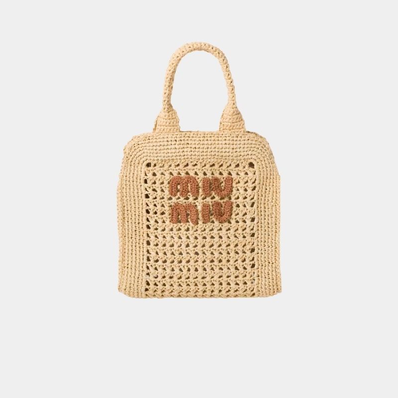 Miu Miu Raffia-Effect Crochet Fabric Tote Bag, BeigeAndCognac, FrontView