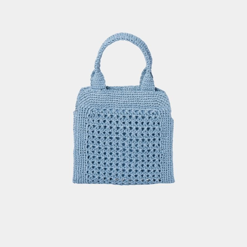 Miu Miu Raffia-Effect Crochet Fabric Tote Bag, CelesteAndCognac, BackView