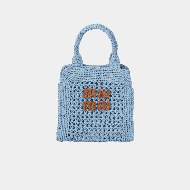 Miu Miu Raffia-Effect Crochet Fabric Tote Bag, CelesteAndCognac, FrontView