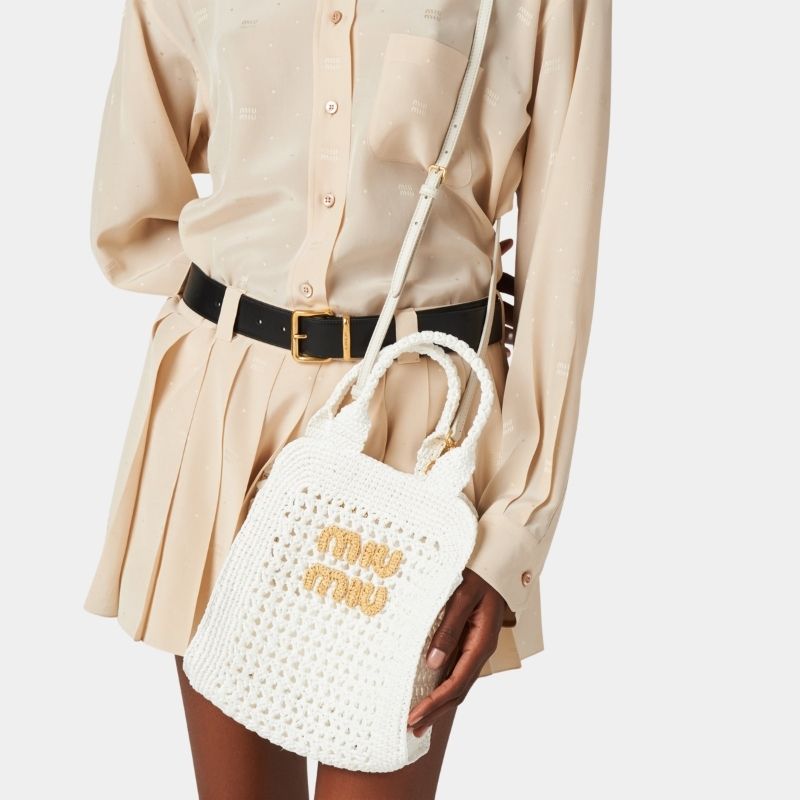 Miu Miu Raffia-Effect Crochet Fabric Tote Bag, WhiteAndBeige, ModelView