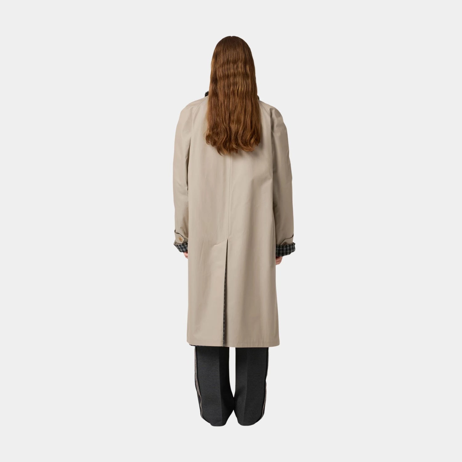Miu Miu Reversible Twill and Check Trench Coat, Limestone, Model, Back