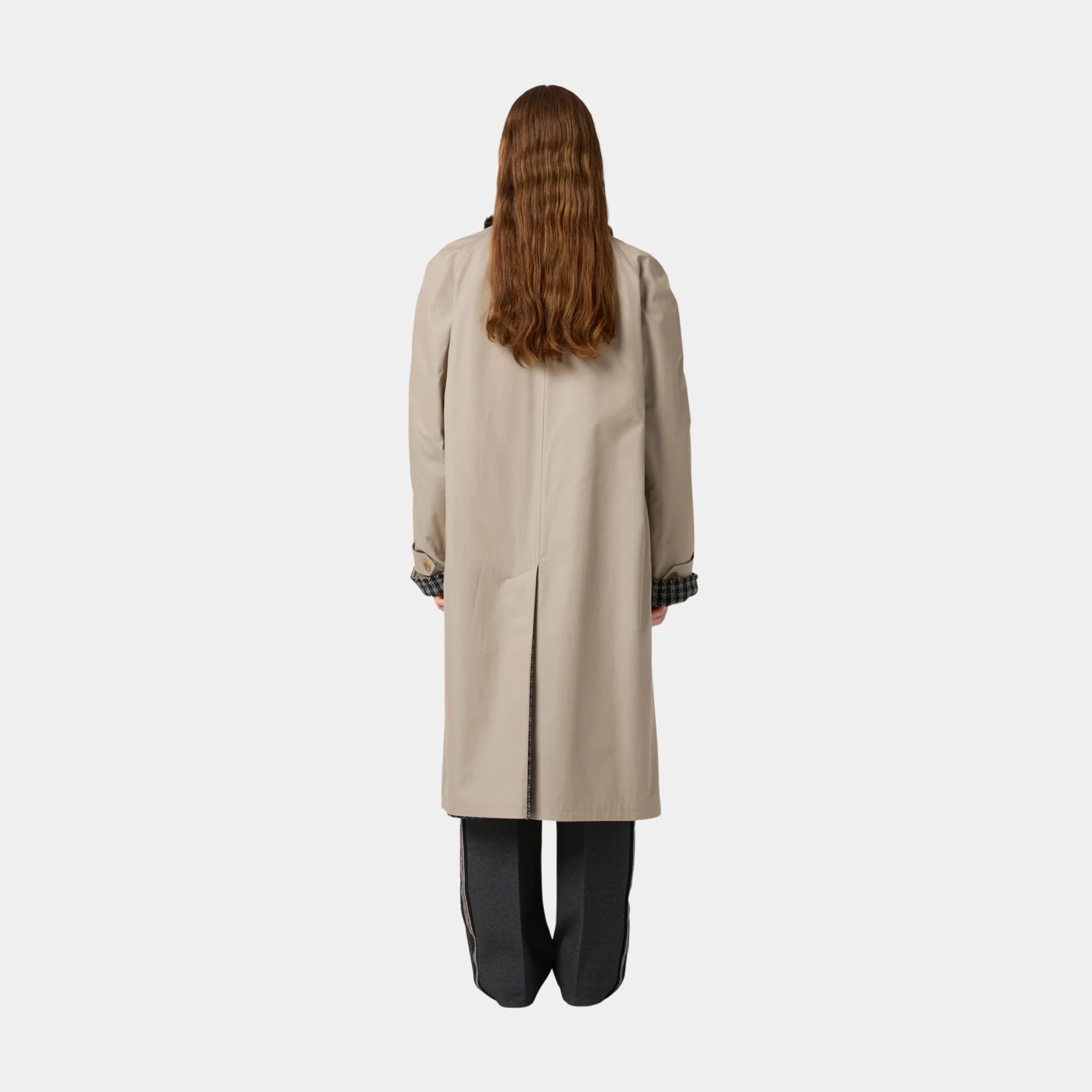 Miu Miu Reversible Twill and Check Trench Coat, Limestone, Model, Back