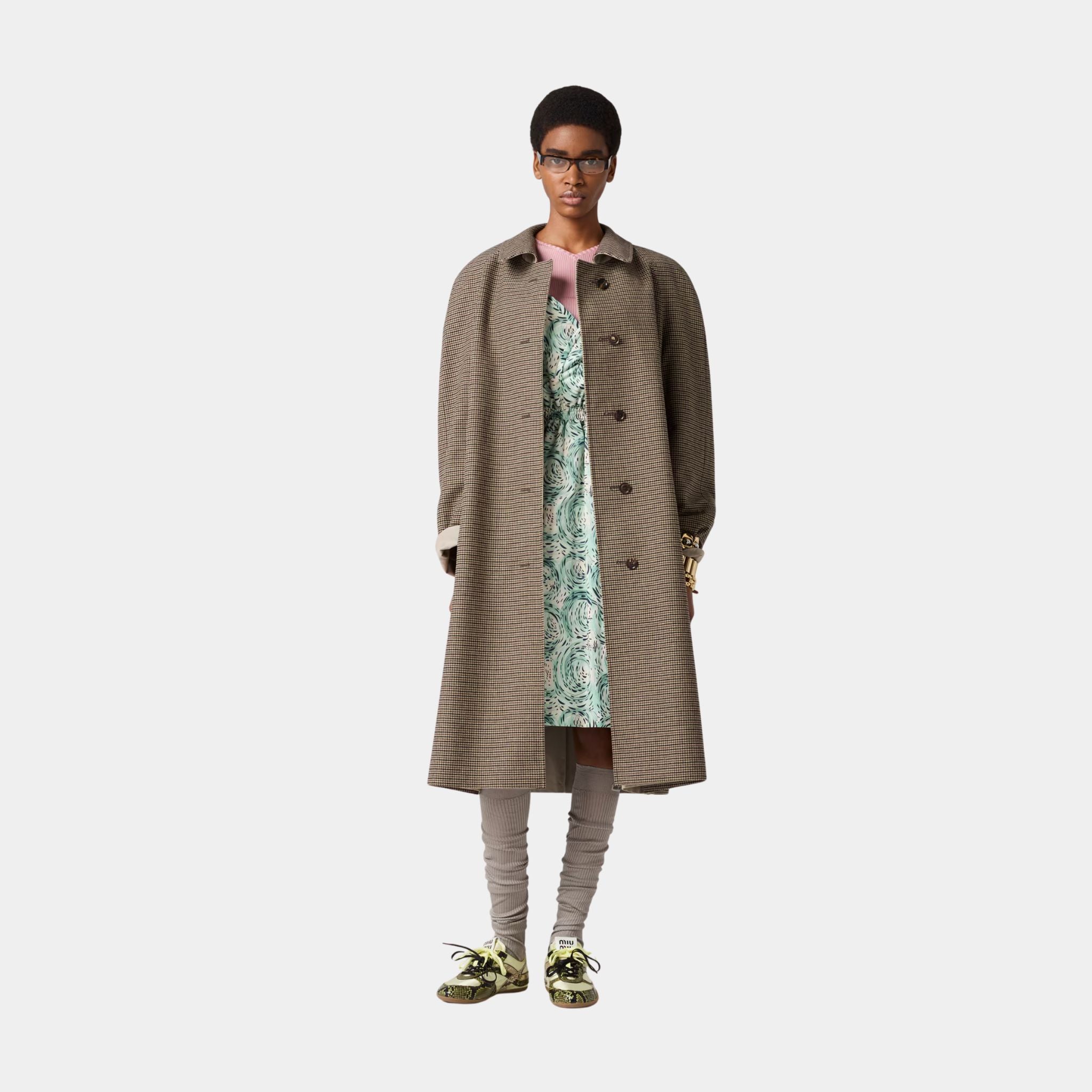 Miu Miu Reversible Twill and Houndstooth Check Trench Coat, Limestone, Model, Front