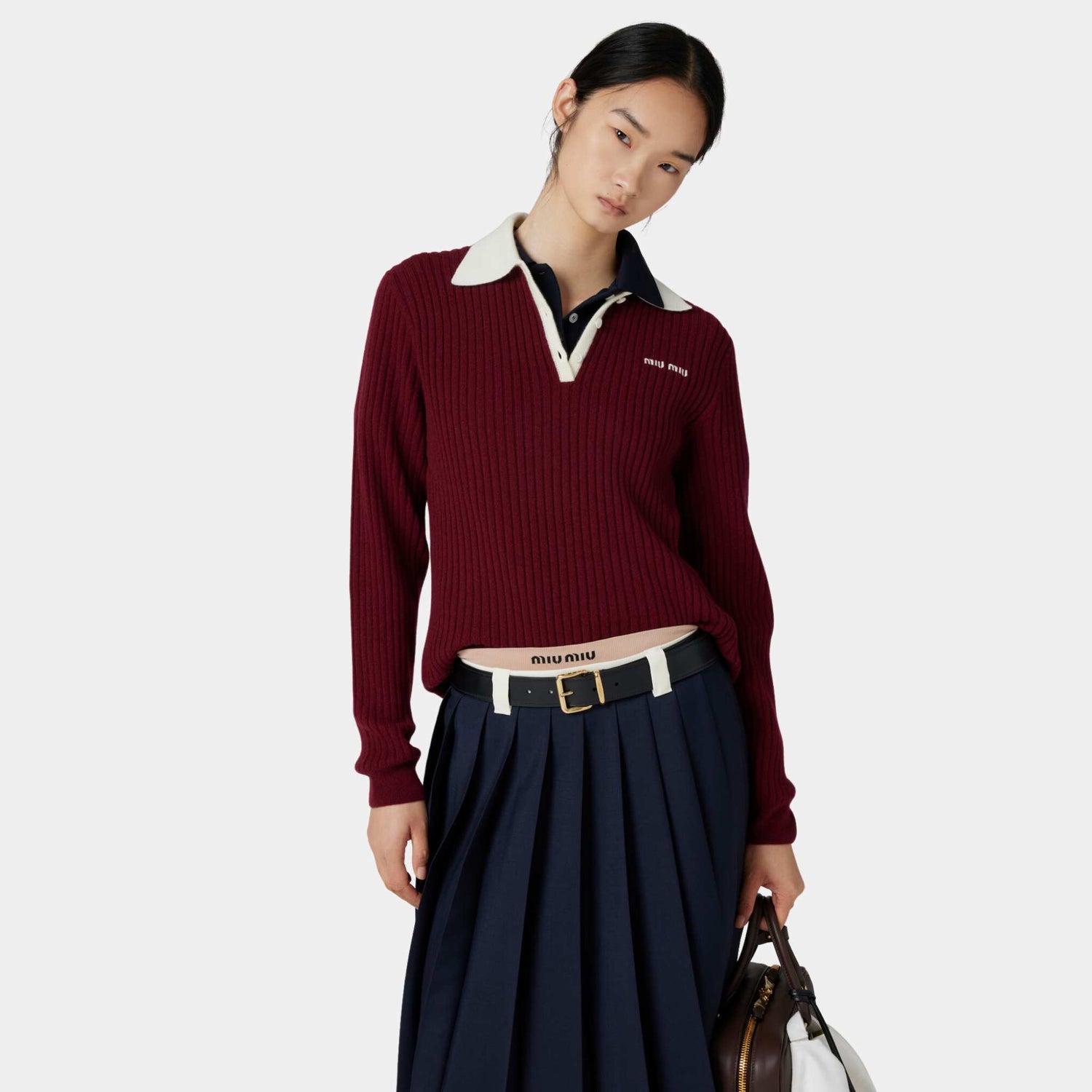 Miu Miu Ribbed Cashmere Polo Shirt Amaranth Natural, Model, Front