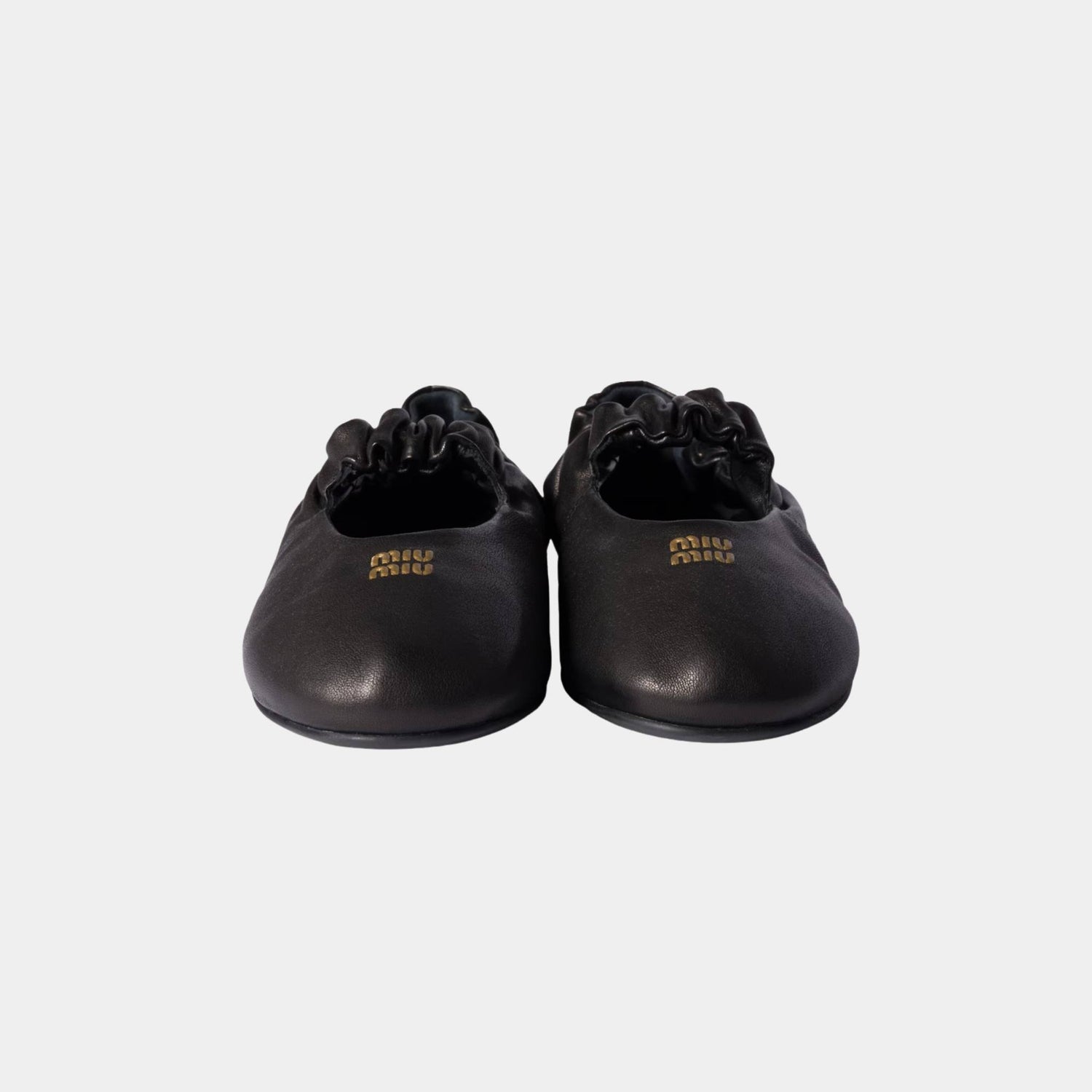 Miu Miu Ruches Nappa Leather Ballerinas, Black, Front