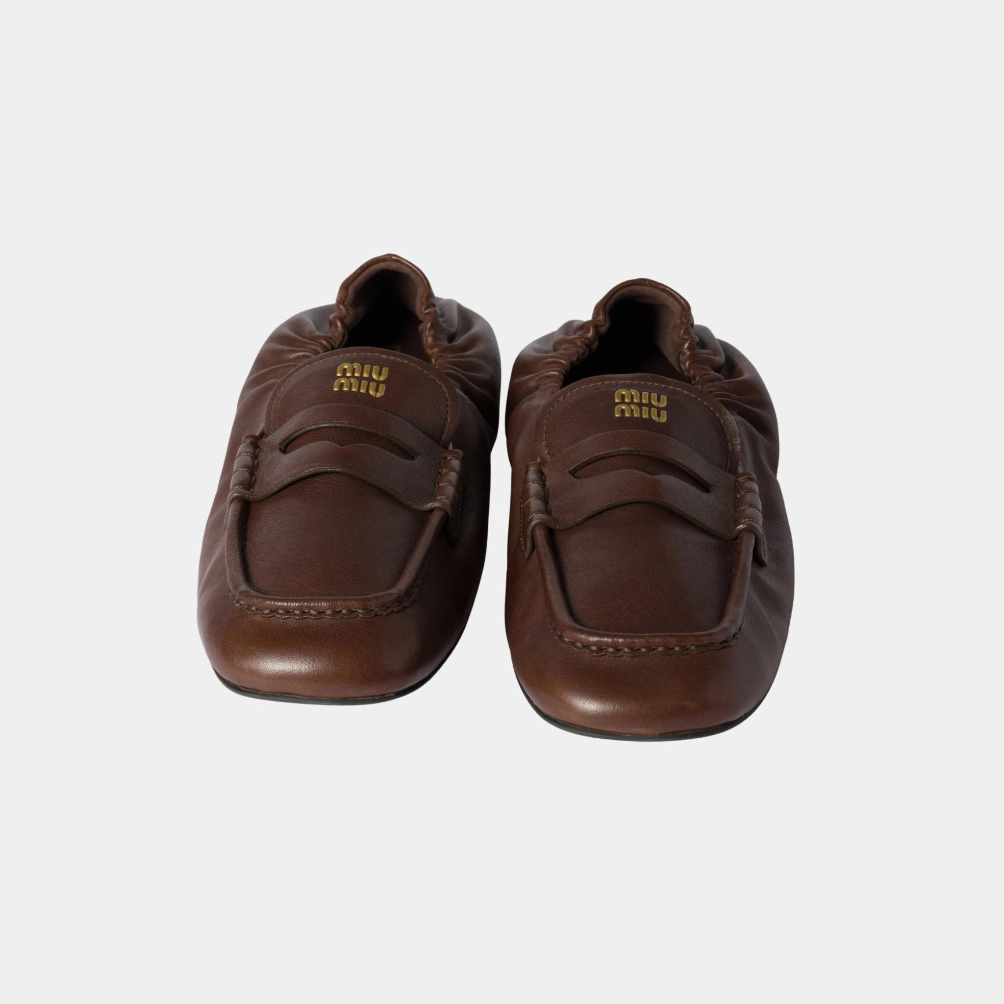 Miu Miu Ruches Nappa Leather Loafers, Briarwood, Close