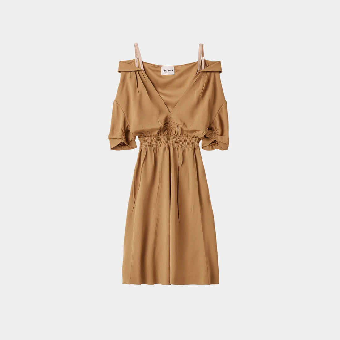 Miu Miu Sablé Dress with Shoulder Straps, Camel Brown, Front