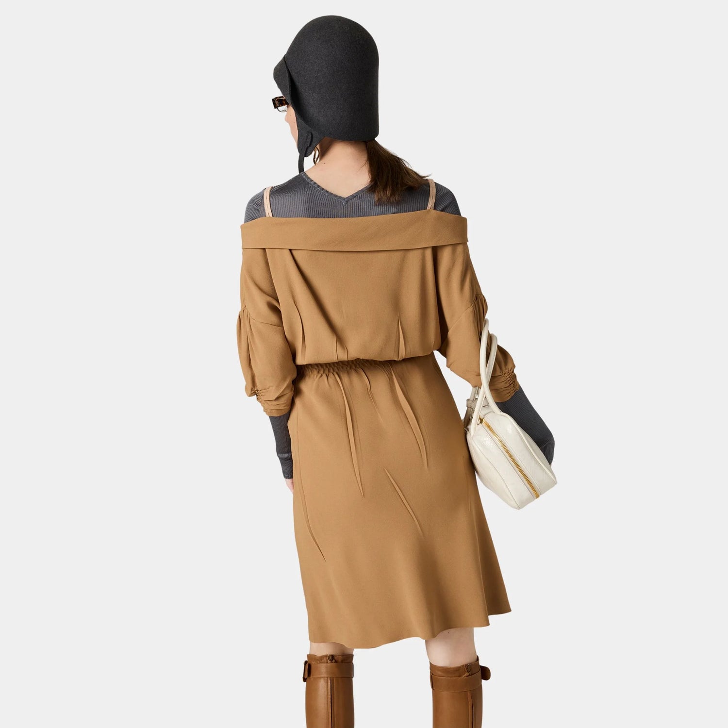 Miu Miu Sablé Dress with Shoulder Straps, Camel Brown, Model, Back