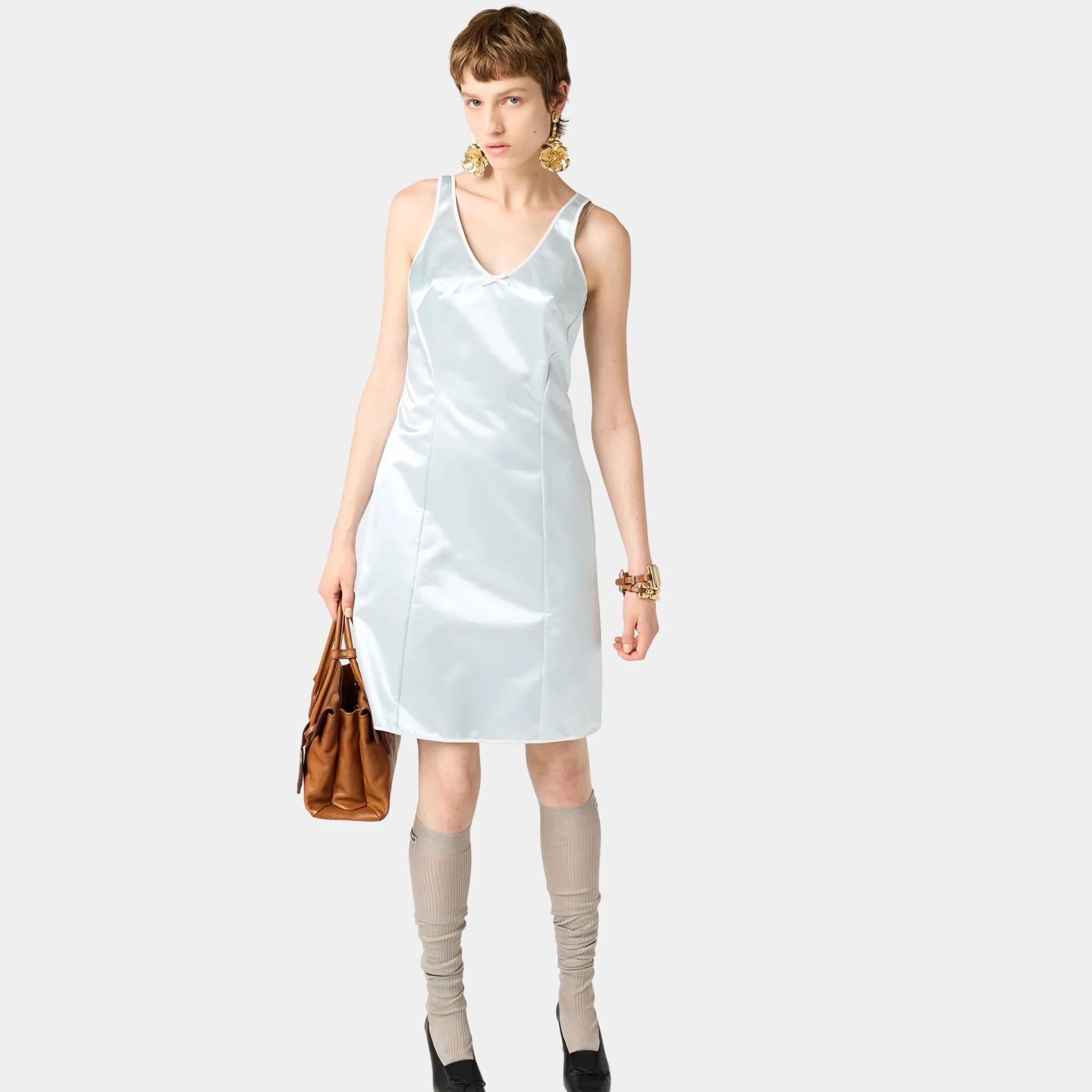 Miu Miu Satin Sleeveless Dress, Astro, Model, Front