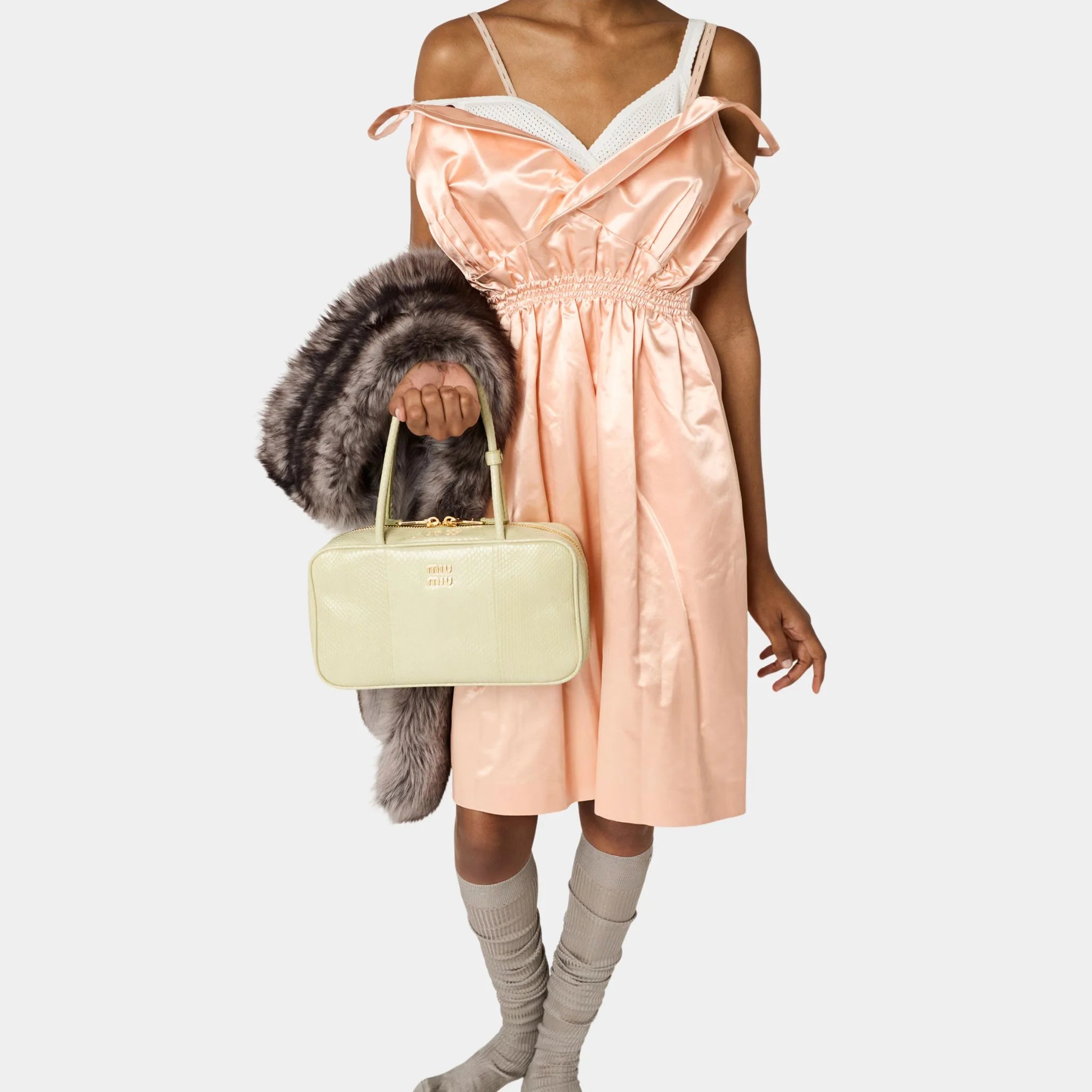 Miu Miu Satin Sleeveless Flared Dress, Peach, Model, Close