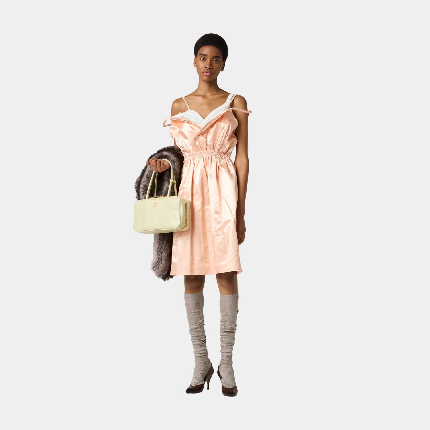 Miu Miu Satin Sleeveless Flared Dress, Peach, Model, Front