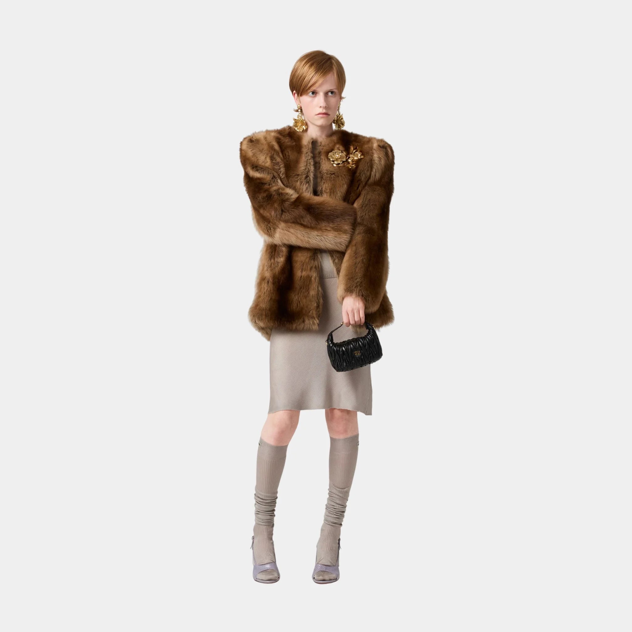 Miu Miu Shearling Fur Jacket, Tobacco, Model, Front