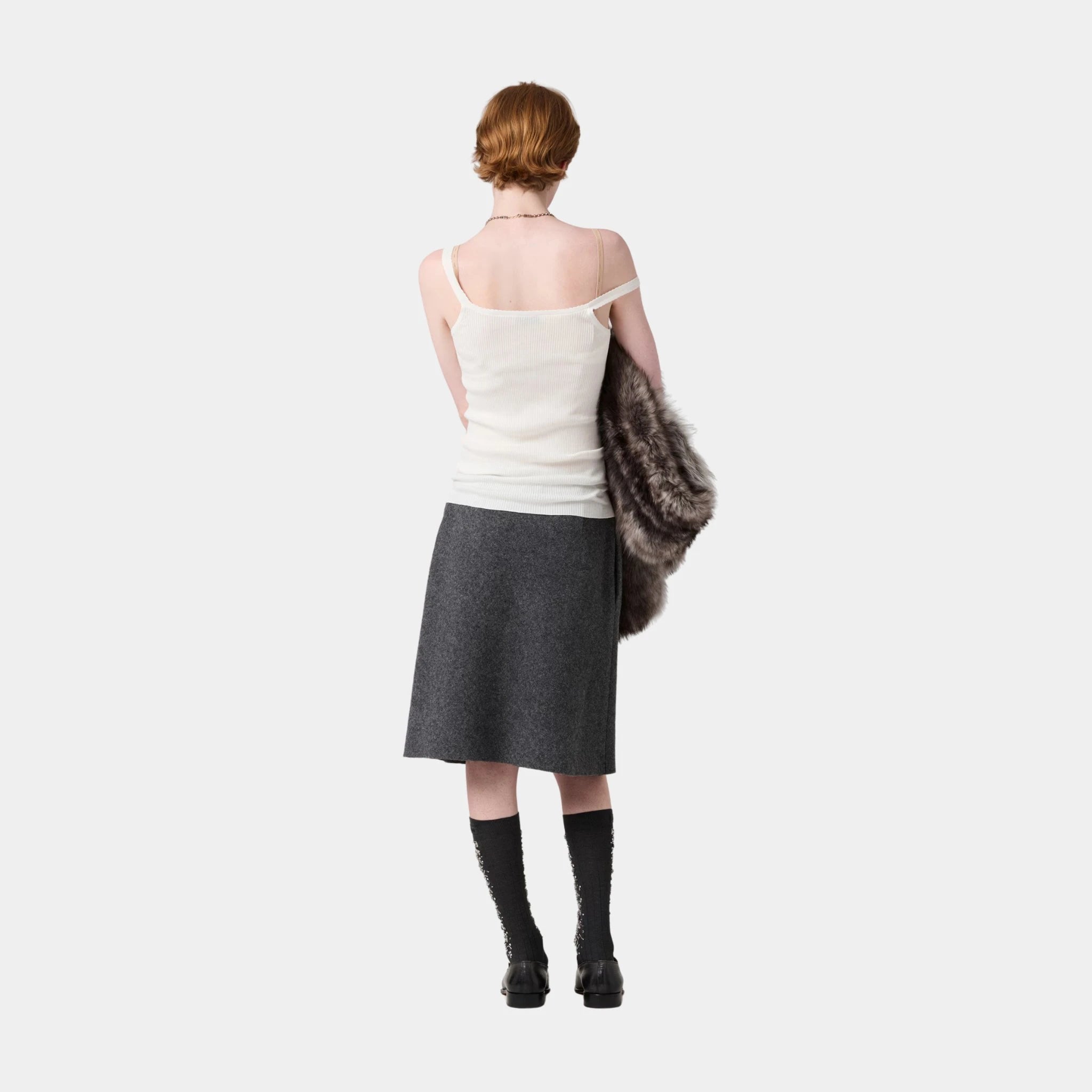 Miu Miu Shetland Wool Skirt, Slate Gray, Model, Back