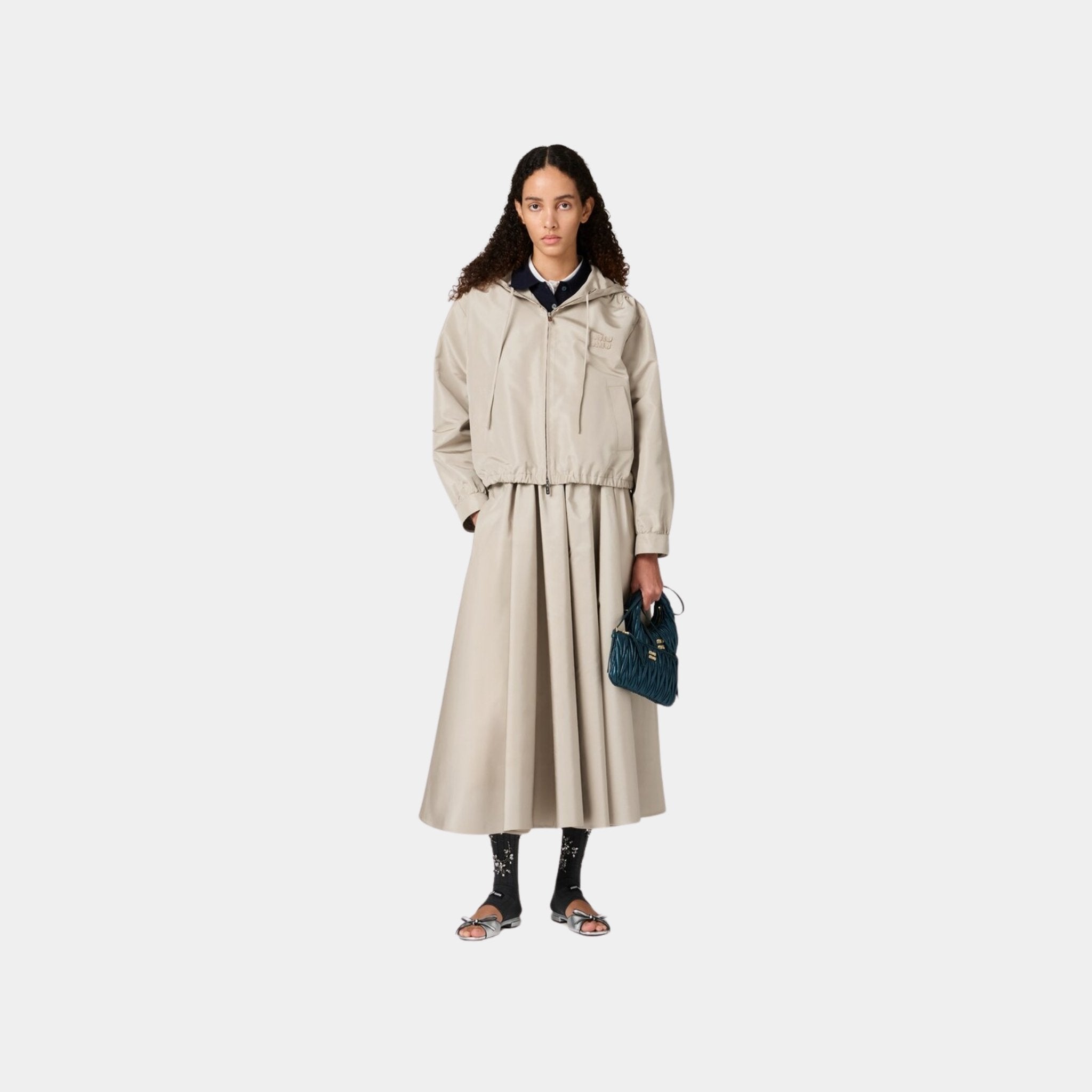 Miu Miu Silk Faille Blouson Jacket With Hood, Model