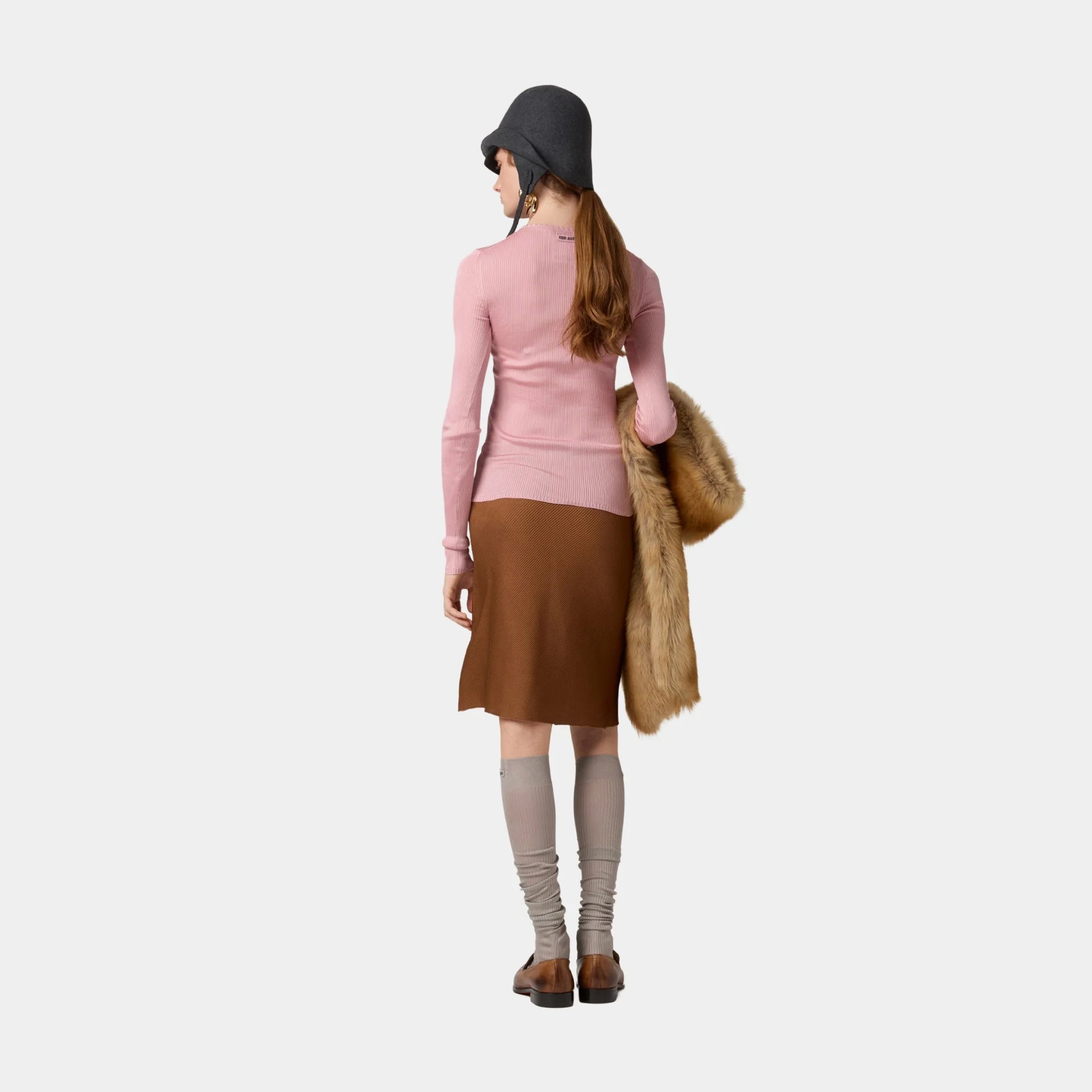 Miu Miu Silk V-neck Sweater, Begonia Pink, Model, Back