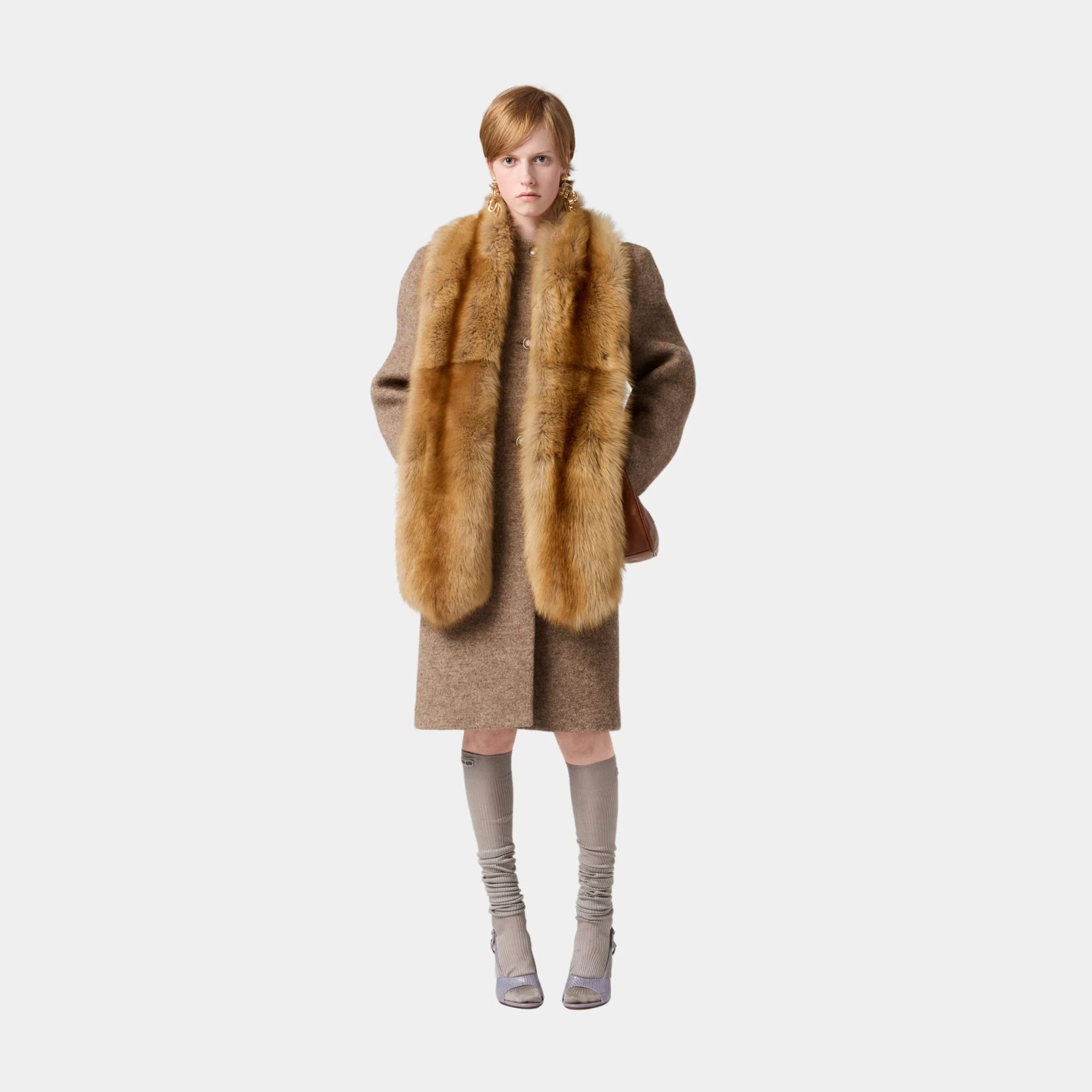 Miu Miu Single-breasted Shetland Wool Straight Fit Coat, Cord, Model, Front