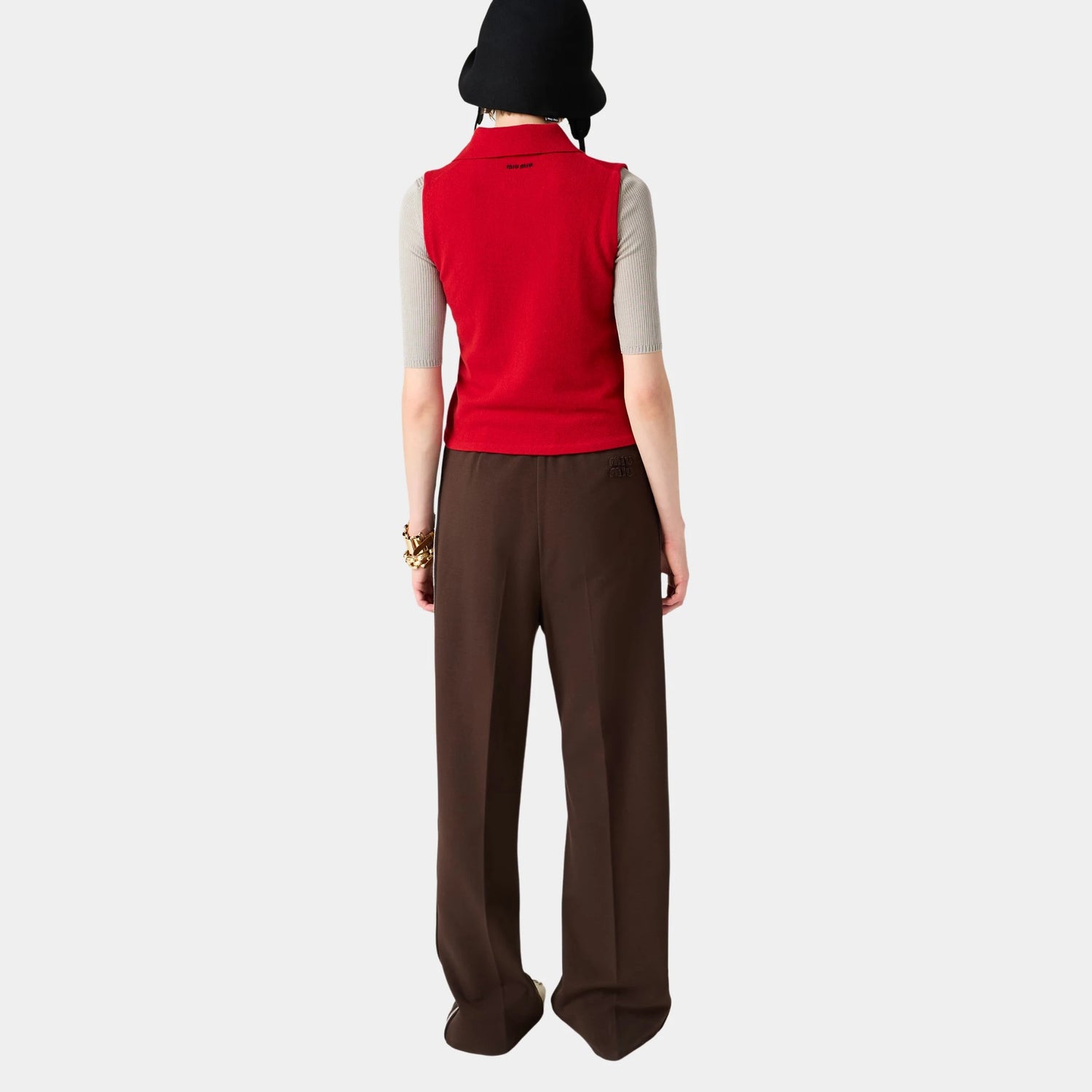 Miu Miu Sleeveless Cashmere Polo Shirt, Red, Model, Back