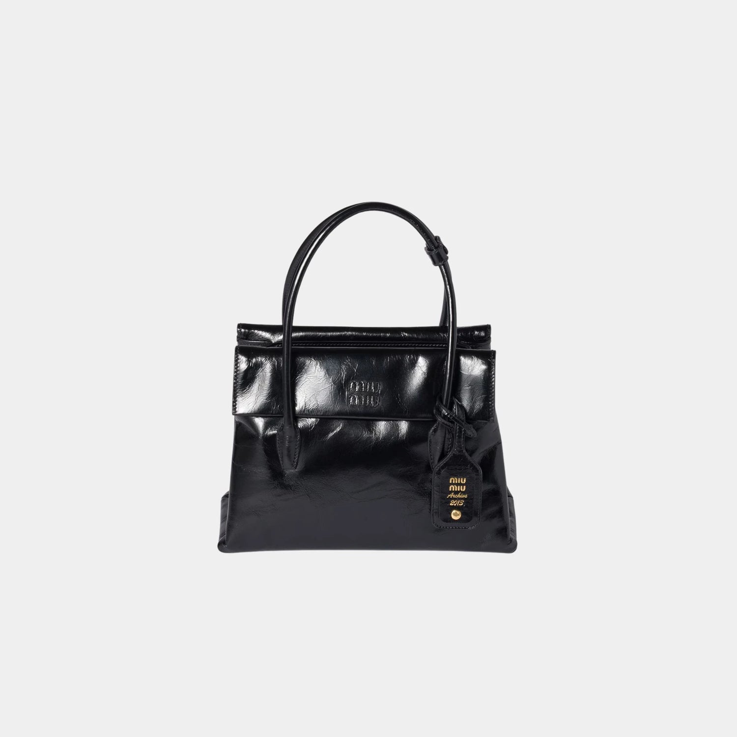 Solitaire Shiny Leather Bag, Black, Front