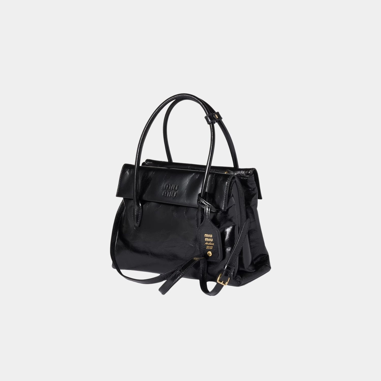 Solitaire Shiny Leather Bag, Black, Side