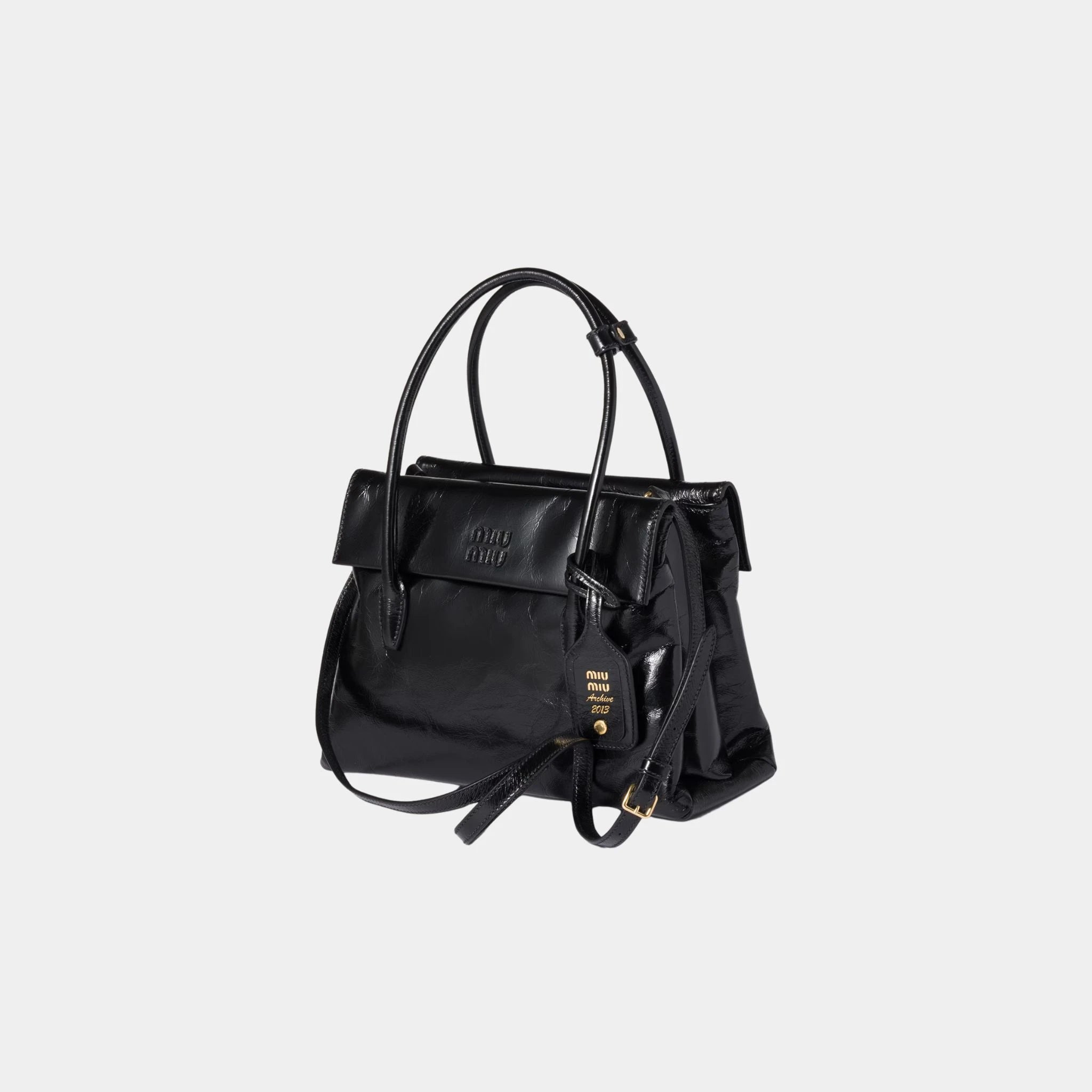 Solitaire Shiny Leather Bag, Black, Side