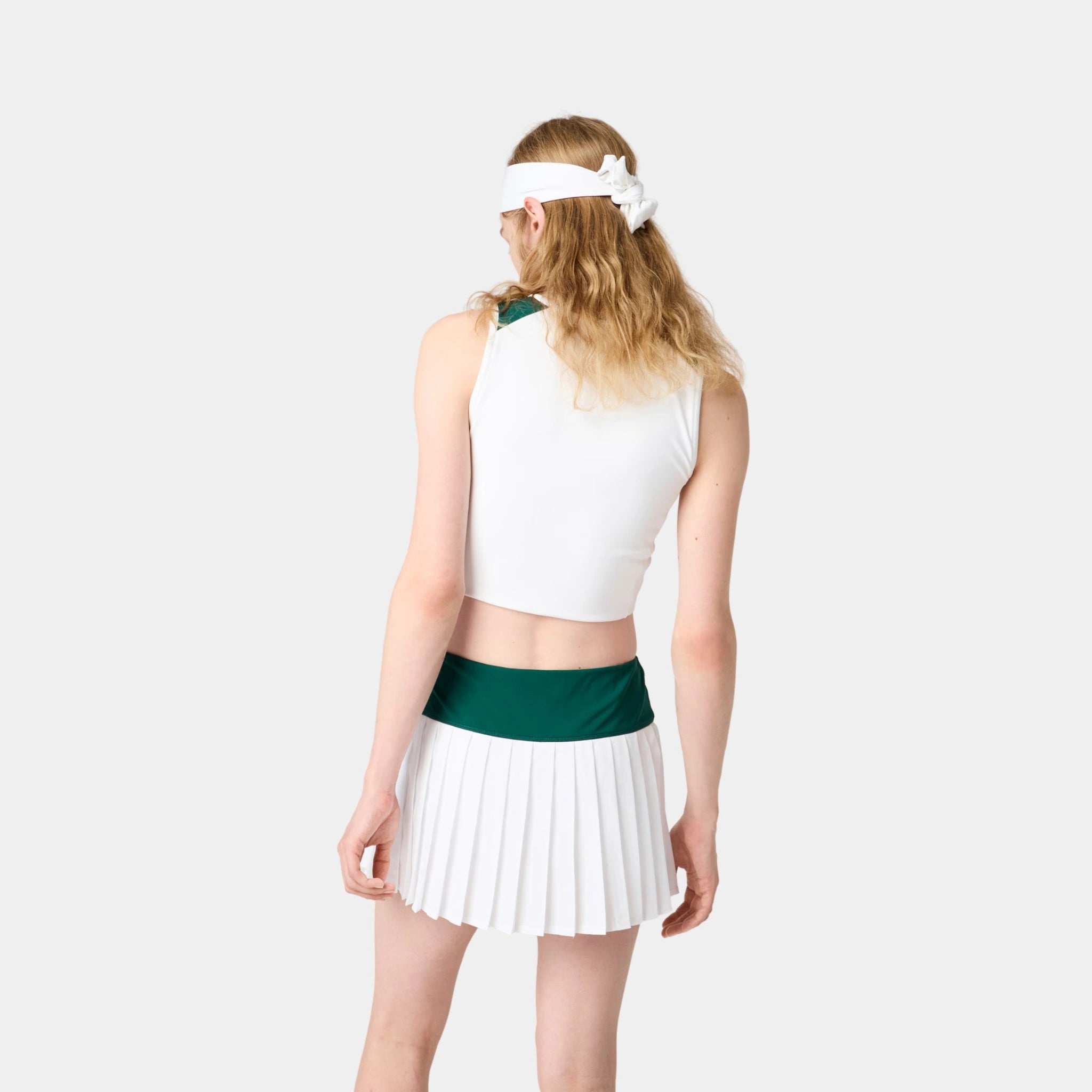 Miu Miu Stretch Technical Jersey Pleated Miniskirt, Green, White, Model, Back