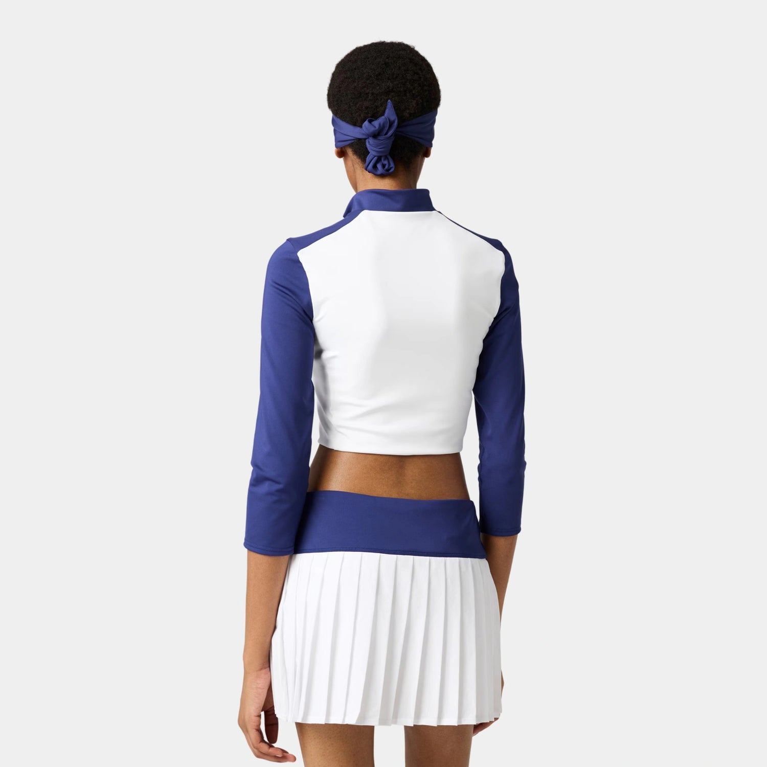 Miu Miu Stretch Technical Jersey Pleated Miniskirt, Royal Blue, White, Model, Back