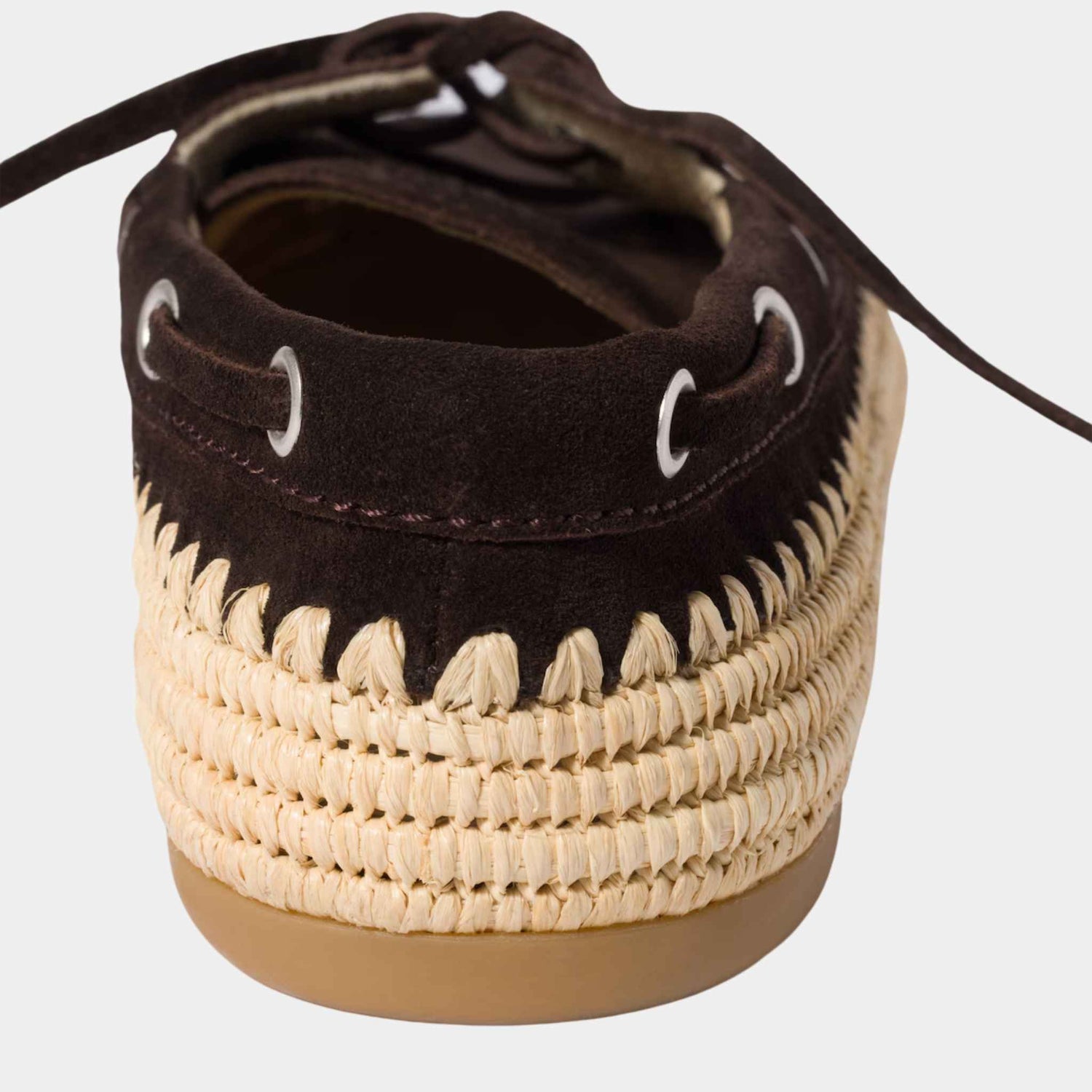 Miu Miu Suede and Raffia Boat Shoes, Dark Brown, Close