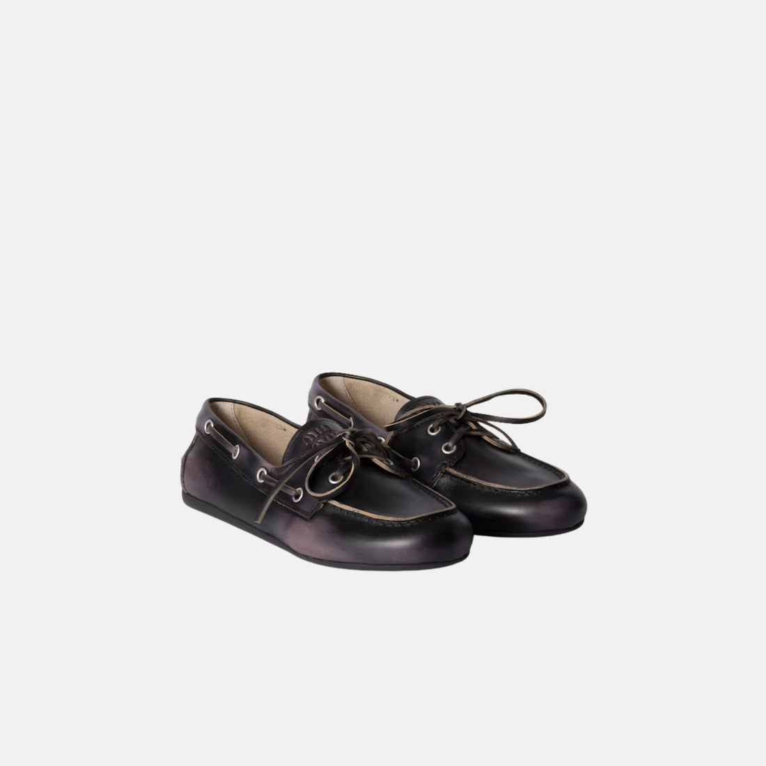 Miu Miu Unlined Bleached Leather Boat Shoes, Black, Front